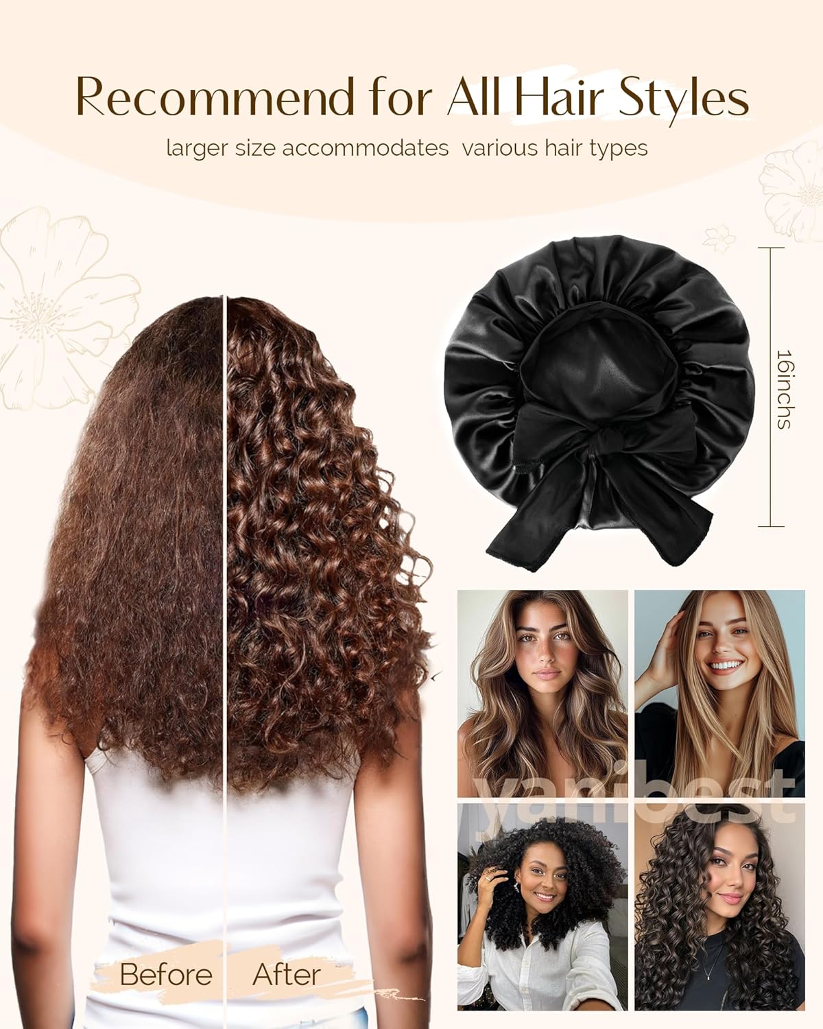 Yanibest Adjustable Satin Bonnet for Sleeping, Double Layer Silk Hair Bonnet with Tie Band for Unisex Women Men Curly Natural - Image 5