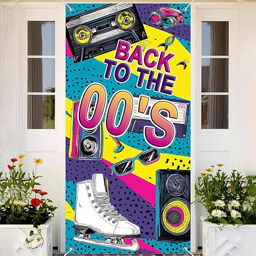 Miniatura 5 de Cartel de puerta de feliz cumpleaños de 35 x 71 pulgadas, cubierta de puerta de fiesta temática Y2K con gafas de sol de casete, patines de hielo,