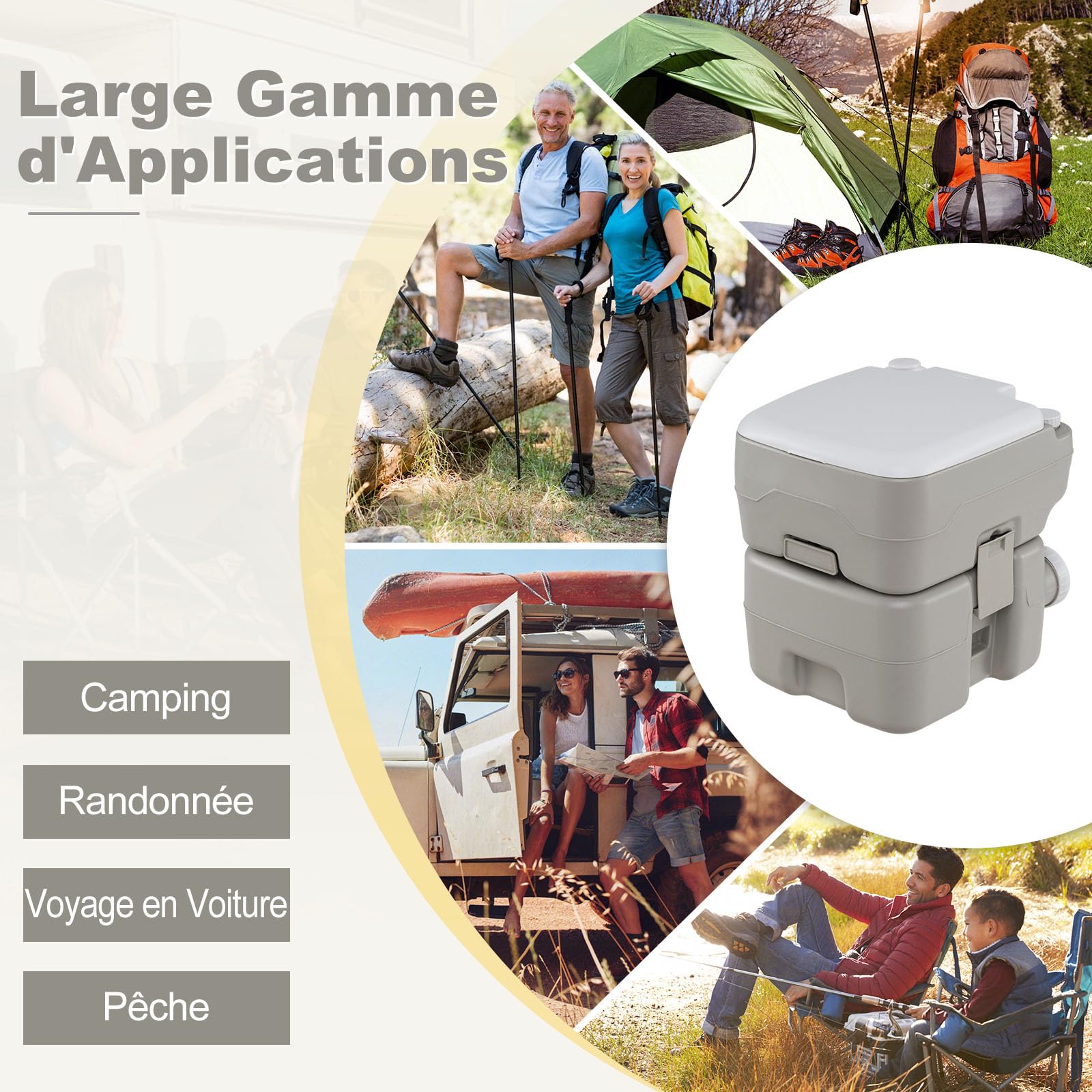 COSTWAY Toilette Portable avec Réservoir à Déchets de 20 L, Toilette Mobile avec Pompe de Rinçage et Entonnoir Télescopique, Commode pour Voyage Pêche Bateau Randonnée, Gris