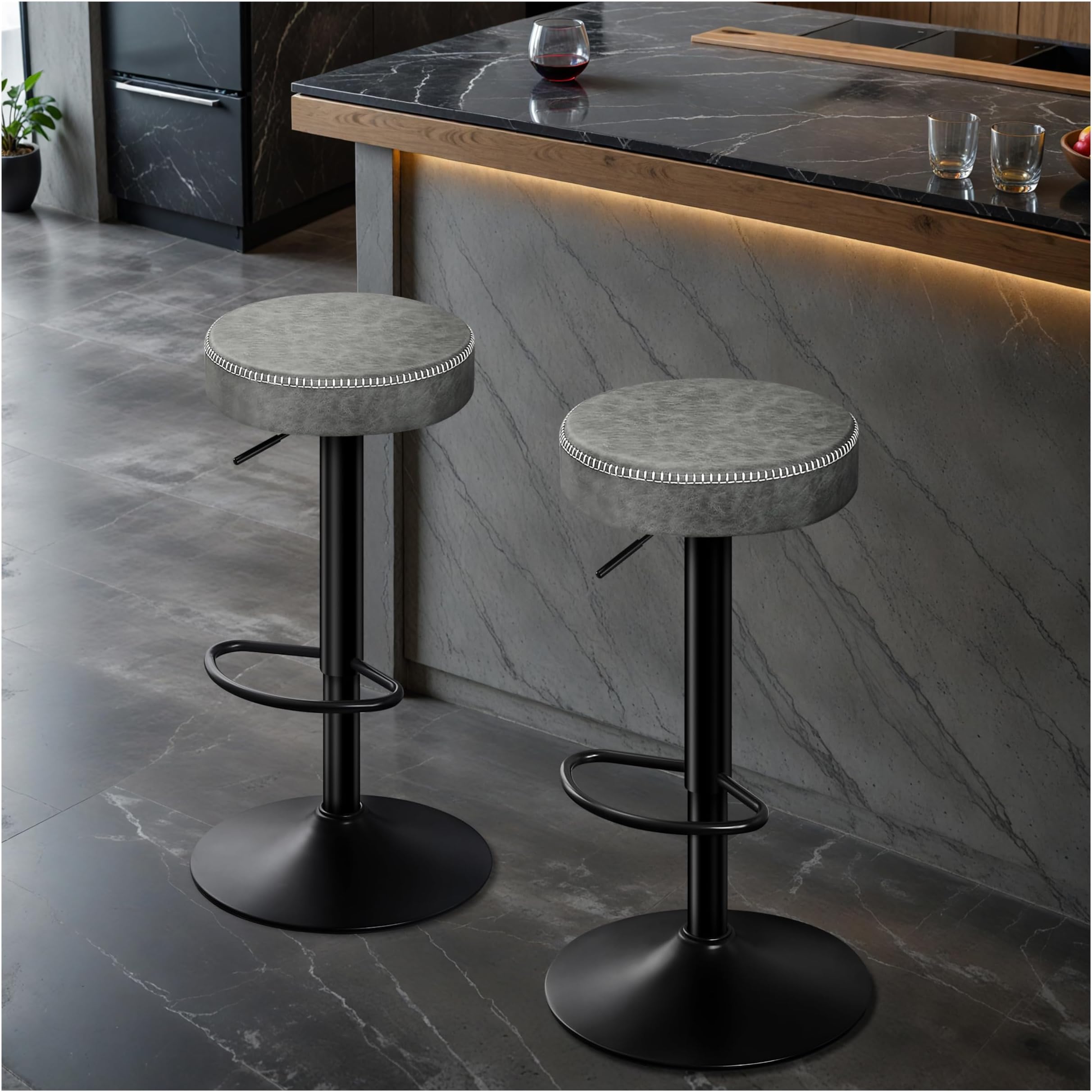 I 2357 Tabouret De Bar, Pivotant, Hauteur Bar, Ajustable, Métal, Pu D'aspect Cuir, Noir, Chrome, Contemporain, Moderne