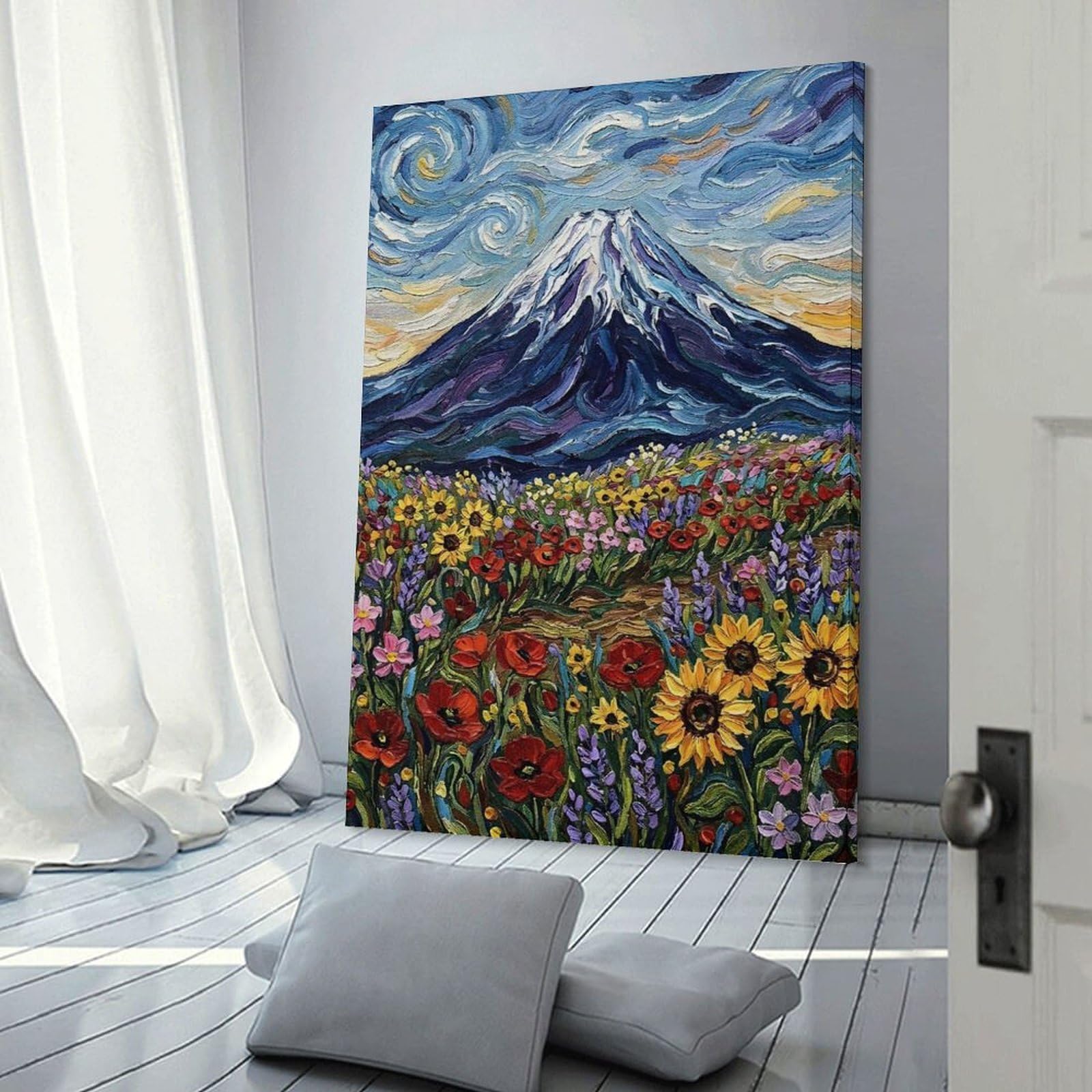 Junmoney Impressionist Mountain Landscape with Flowers Home Decor Wall Art, 24x36inch(60x90cm), for New Homes, Bedrooms Or Workspaces, Gift Idea for Housewarming And Birthdays