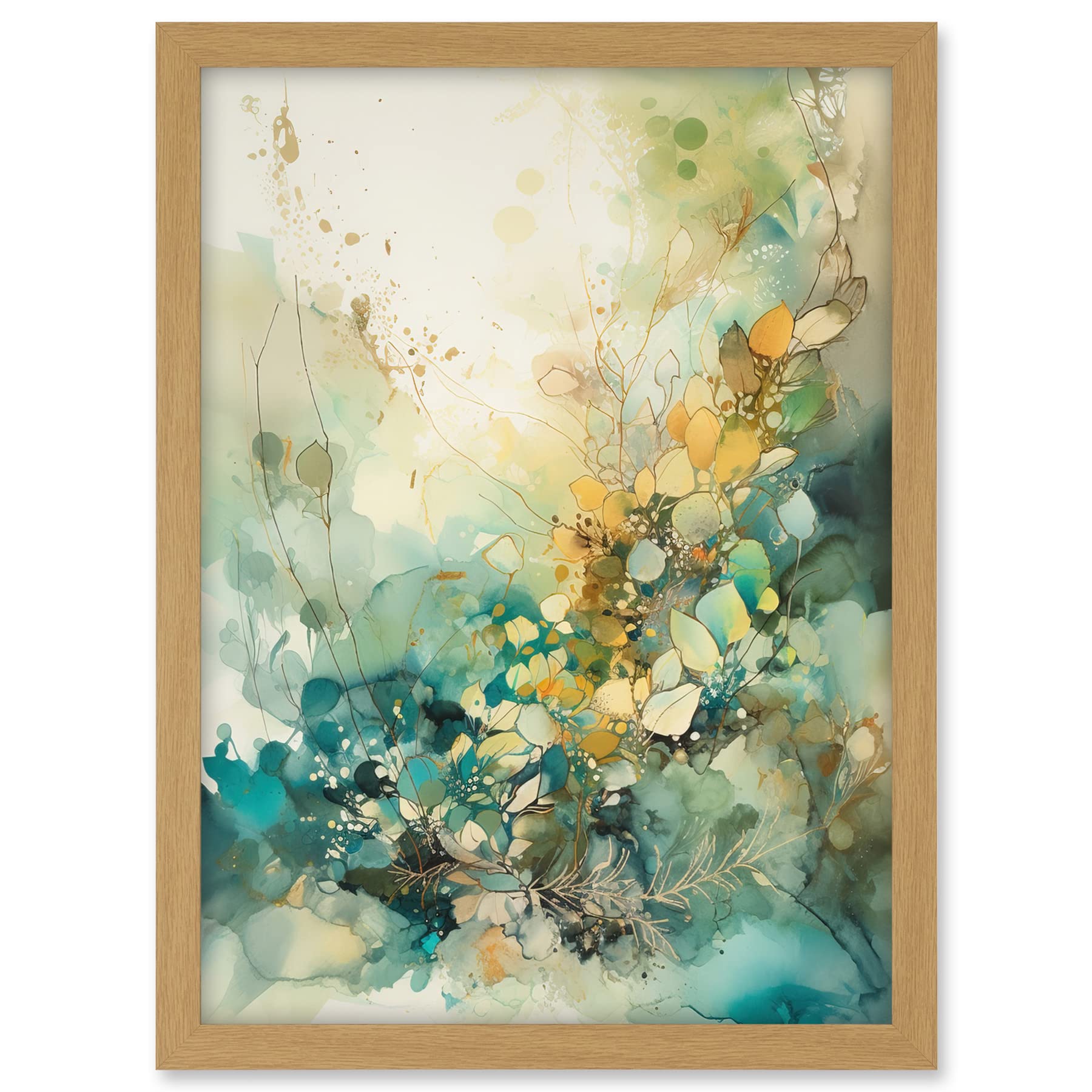 Artery8 Wild Plant Flora in Teal Blue and Orange Modern Watercolour Painting Artwork Framed A3 Wall Art Print