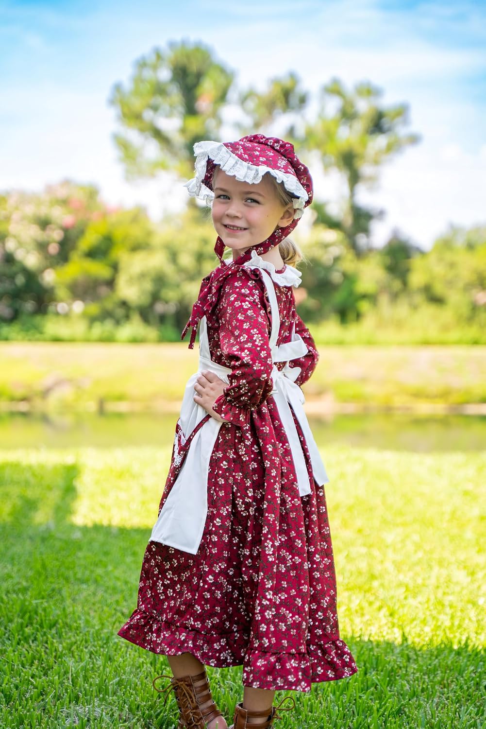 Aoiviss Pioneer Girls Dress Floral Colonial Prairie Costumes for Little Kids with Apron and Bonnet