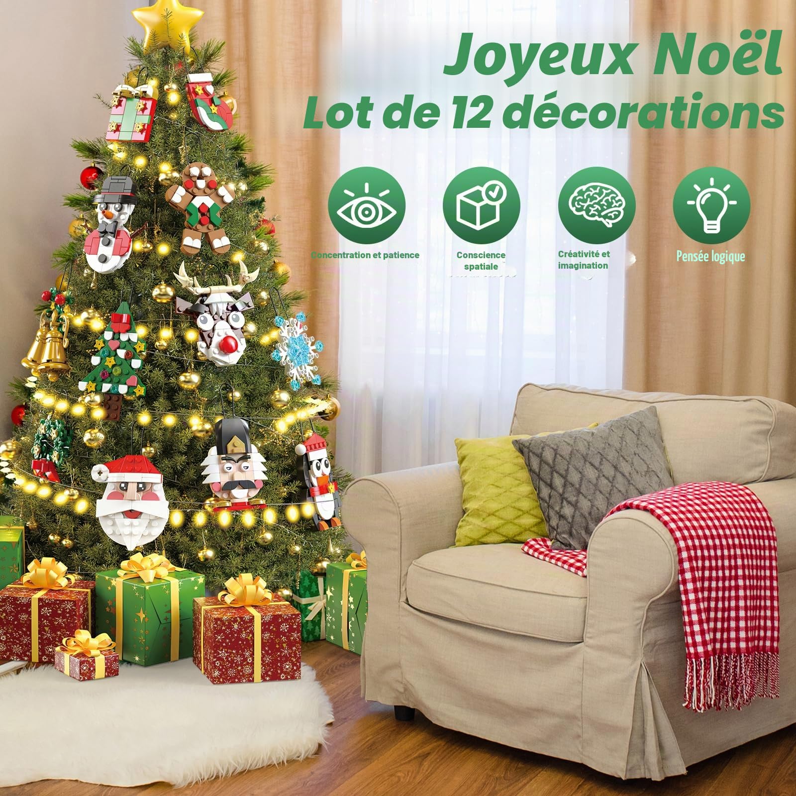 Calendrier de l’Avent 2025, Set de Blocs de Construction Décorations de Noël, 12 Pièces à Suspendre, Bonhomme de Neige et Renne, Cadeaux Jouets pour Enfants Filles et Garçons dès 6 Ans