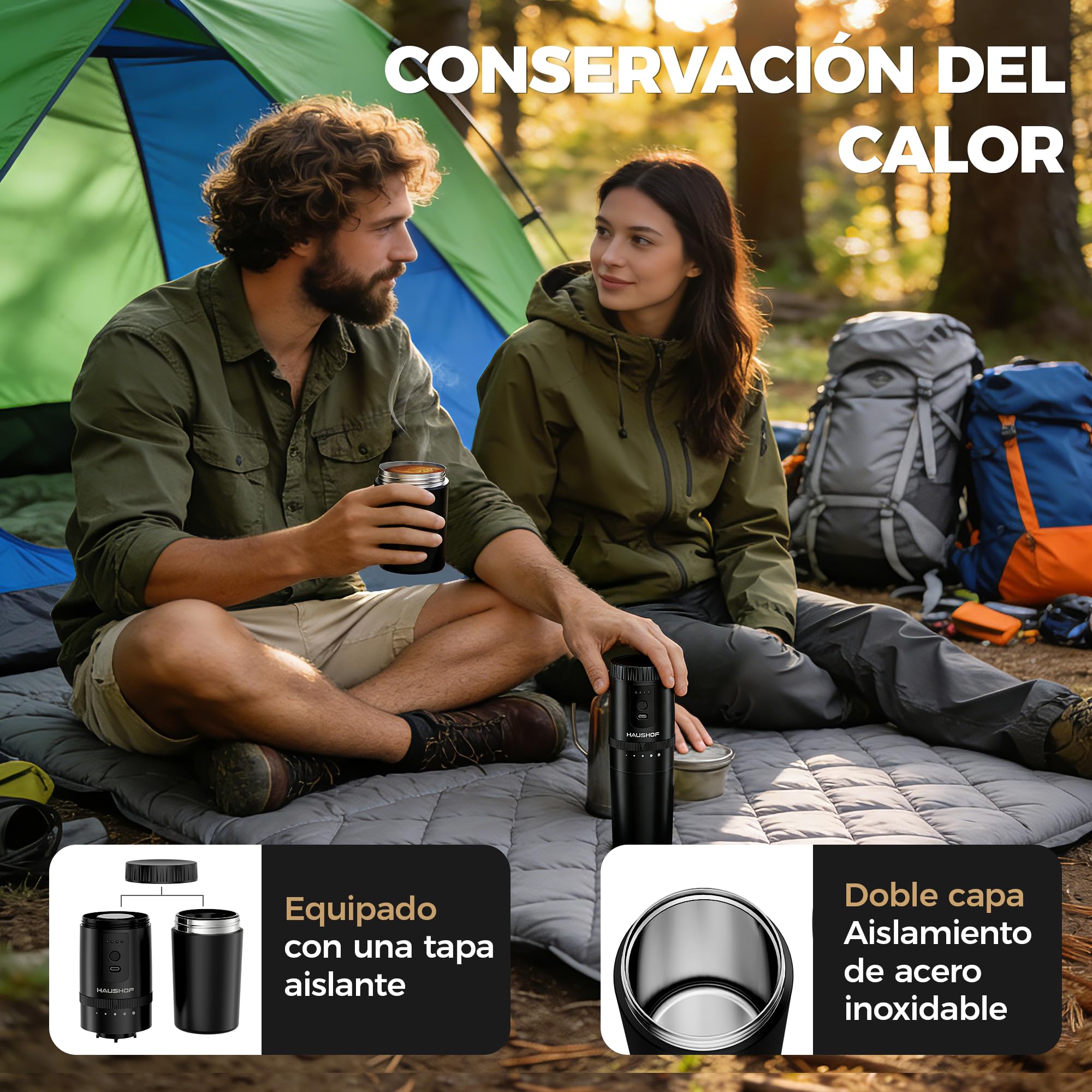 HAUSHOF Molinillo de Café Eléctrico Portátil Inalámbrico con Sistema de Infusión Manual, 5 Niveles de Molienda Ajustable, Taza Térmica de Viaje, Recargable USB-C para Camping, Senderismo y Oficina