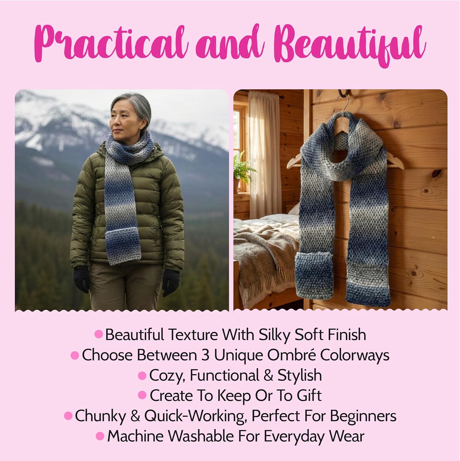 KnitPal Tunisian Scarf with Pockets Kit – 2 Skeins Ombre Encore (#5 Bulky, 100% Acrylic), Tunisian Hook, Pattern & Video – Beginner Tunisian Crochet, 6" x 84" (White Gray)