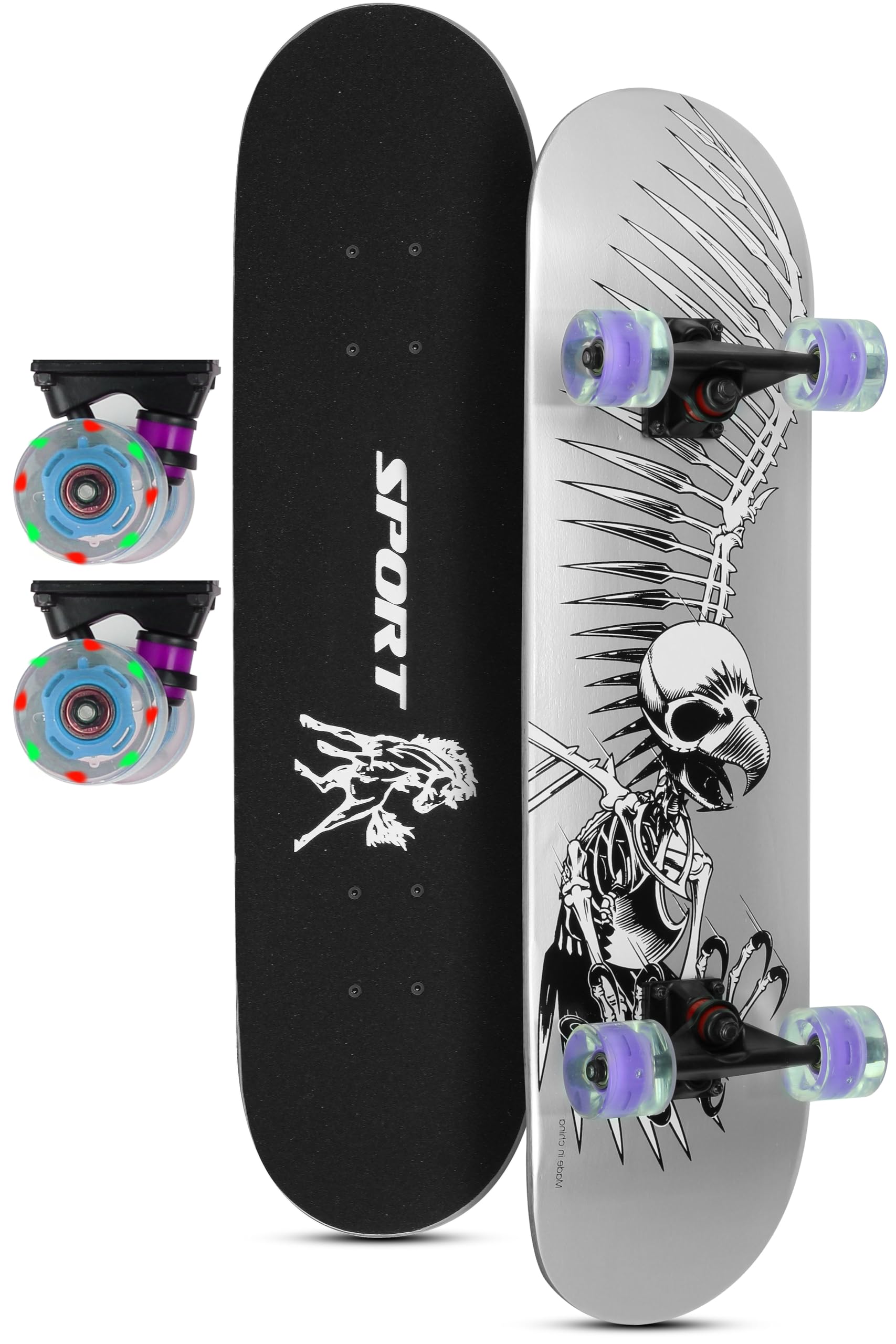 Ledli Silikon Teker Kaykay Semi-PRO 8 Katman Yüzey Zımparalı Işıklı Kaymaz Skateboard 80 cm Gri