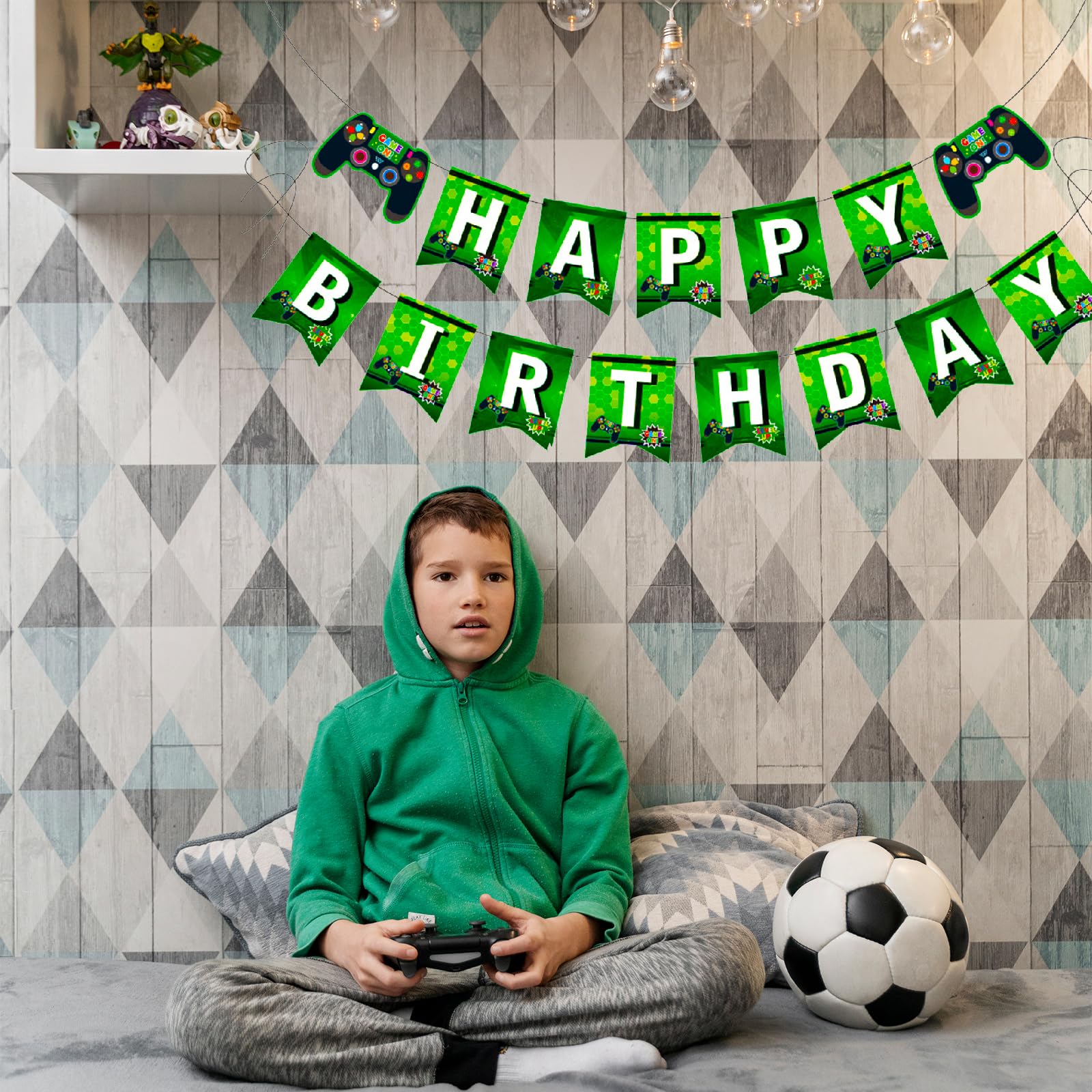 MEETINGU Gaming-Geburtstagsbanner – 'Happy Birthday' Mit Game-Controller-Design – Wiederverwendbare Partydekoration In Grün