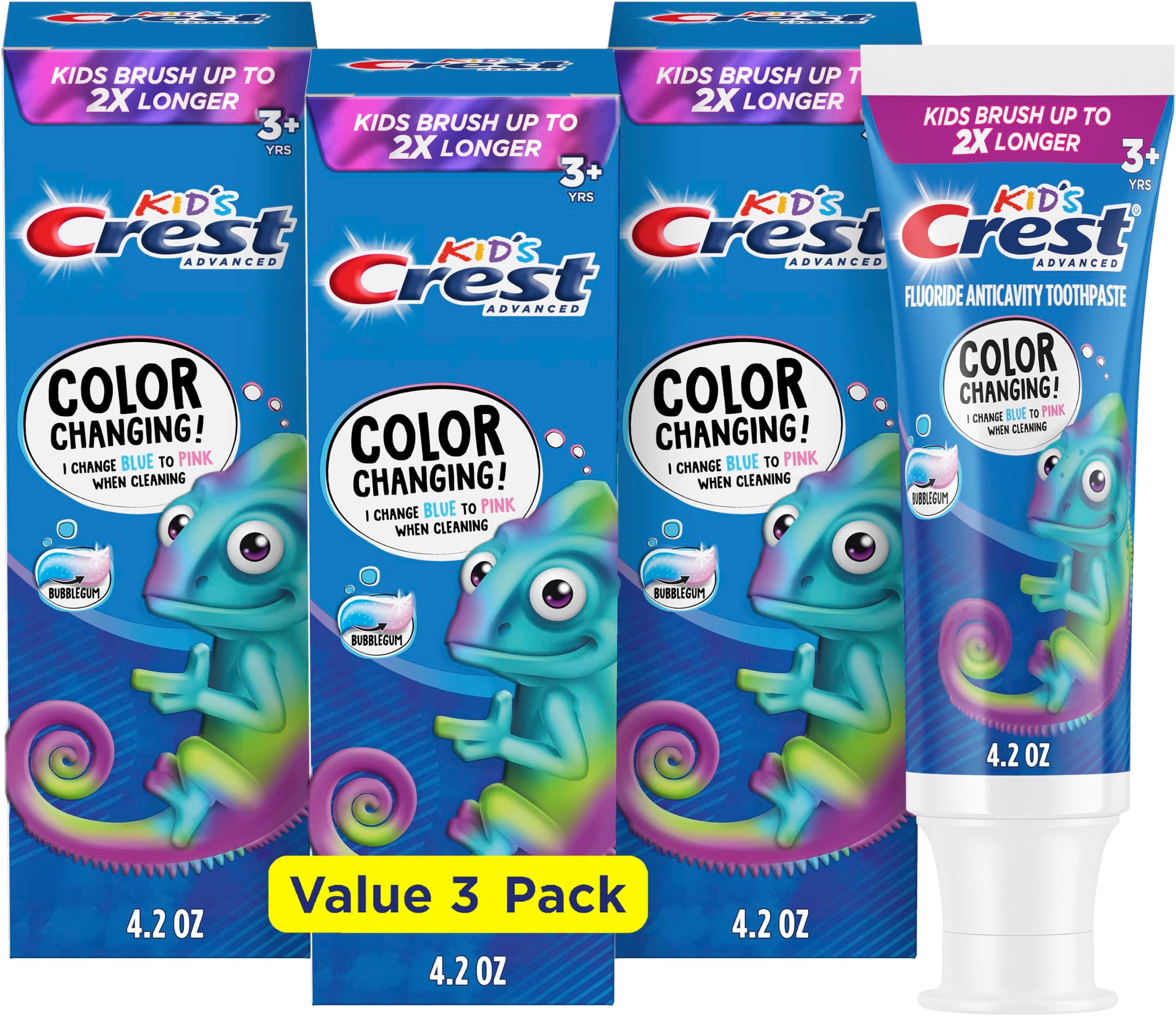 Advanced Kid's Fluoride Toothpaste, Bubblegum Flavor, 4.2 oz, 3 Count, Color-Changing Anticavity Toothpaste