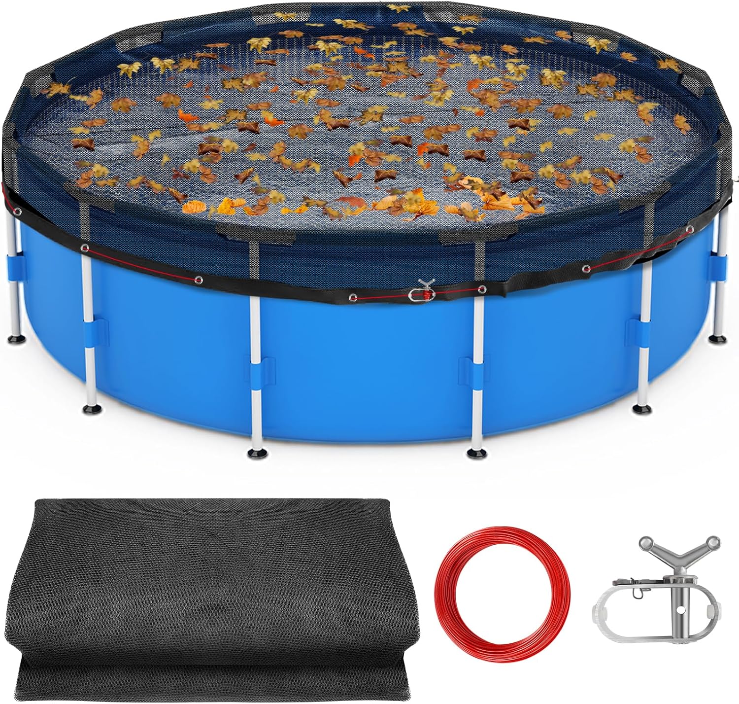 24 FT Pool Leaf Net Cover for Above Ground Pools, Ultra-Fine 0.15 Mesh Pool Cover with Winch & Cable, Pool Leaf Cover Prevents Leaves and Debris from Entering Pool