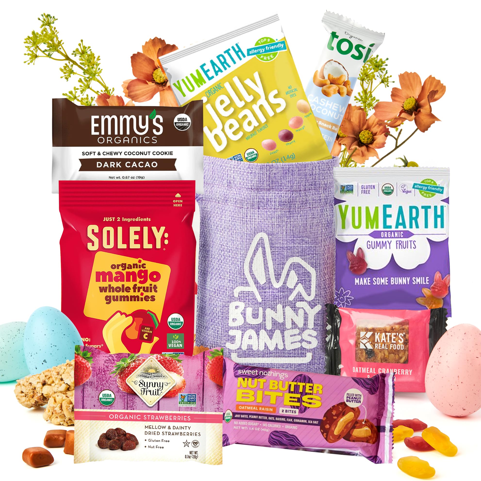 Prefilled Organic Candies & Snacks - Premade Healthy Basket Stuffers and Egg Fillers - Cute Bunny Bag w Healthy Treats Great Easter Day Gift for Adults, Kids & Teens