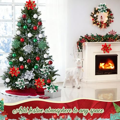 Miniatura 5 de Juego de 84 piezas de decoración para árbol de Navidad, adornos de bolas de árbol de Navidad, decoraciones de flores de Pascua con purpurina, tallos