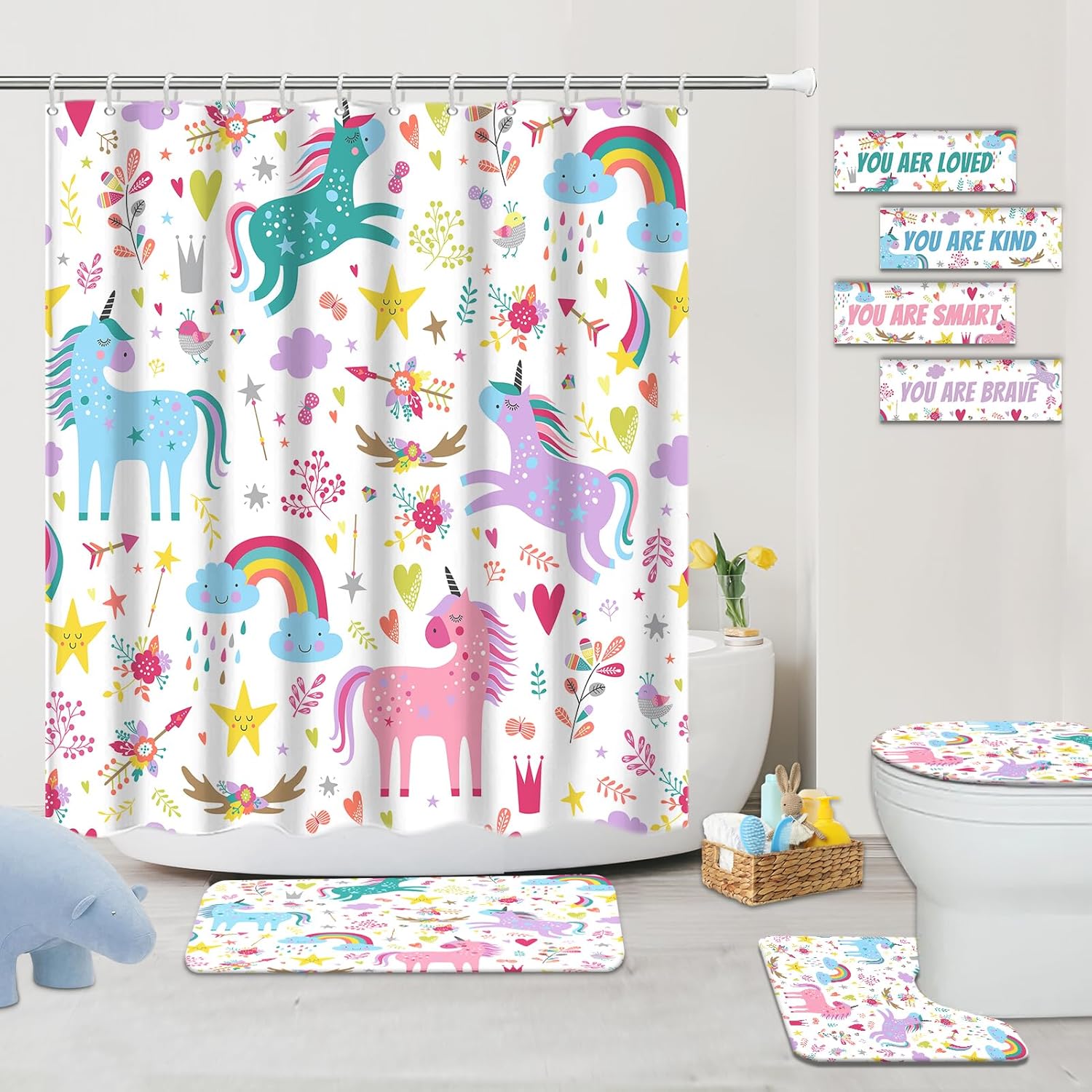 Unicorn Bathroom Set Colorful Pink 4 Pcs Shower Curtain Sets with Non-Slip Rugs Toilet Lid Cover and Bath Mat Set, Girls Ttoddler Bathroom Decor with 12 Hooks