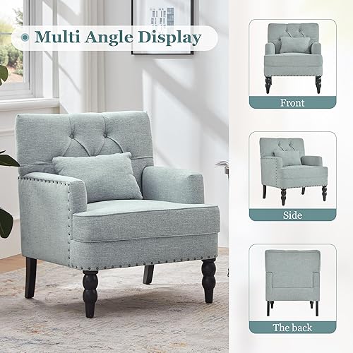 Miniatura 12 de HUIMO Silla de club copetuda, silla decorativa con almohada lumbar, sillón con botones de tela de lino, sillas tapizadas para dormitorio, sala de