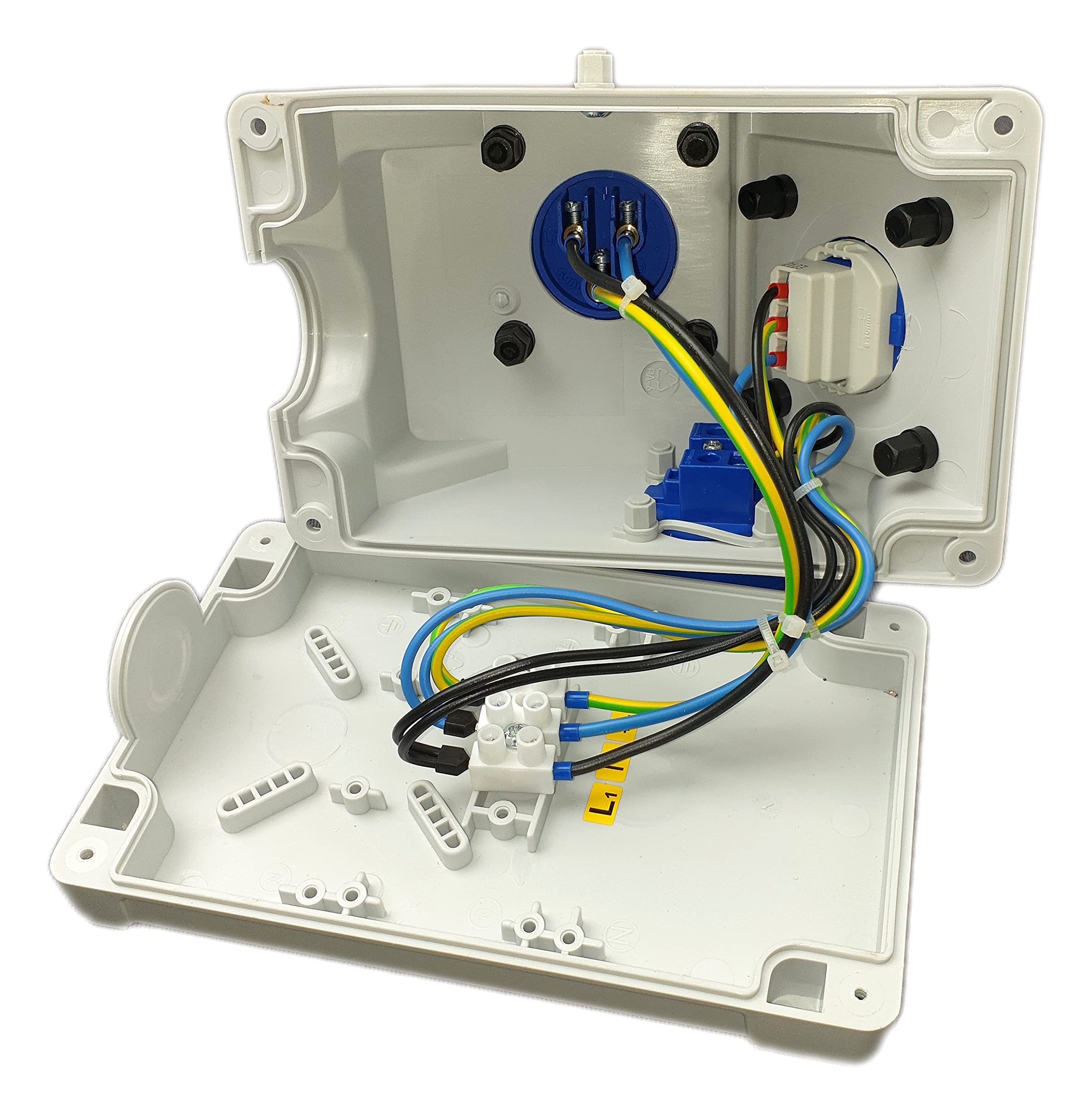 RoadEu CEE - Adattatore Caravan, Spina combinata 16A 3P, 2 prese Schuko da 230V, spina per dispositivi da parete IP44