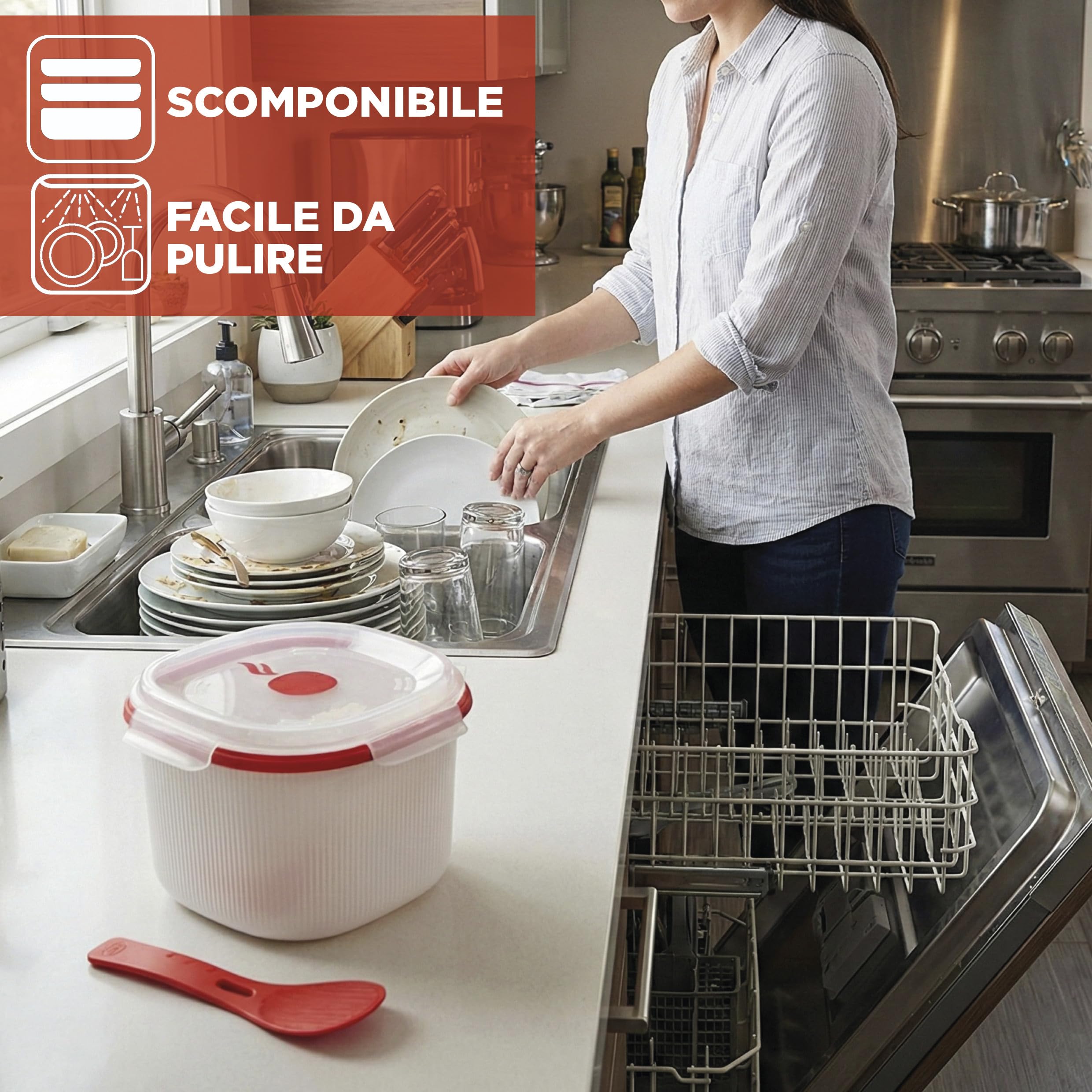 Snips - Cuociriso e Cereali Microonde, Rice Cooker 2,70L con Vassoio Amido e Spatola Inclusi - Contenitori per Alimenti 20x20,5x14,50 - Cuoci Riso Contenitore Microonde Bianco Made in Italy - 3