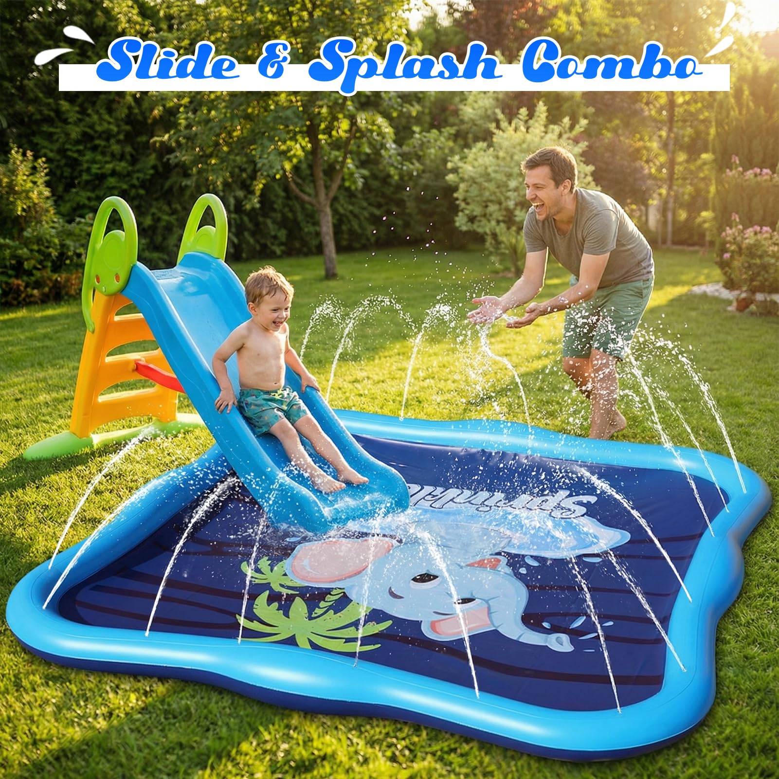 Luxfero Splash Pad,210 cm Tapete de Juegos de Agua,Almohadilla para Rociadores,Almohadilla para Aspersor para Niños y Perros,Juegos de Agua para Exterior para Actividades Aire Fiesta Playa Jardín