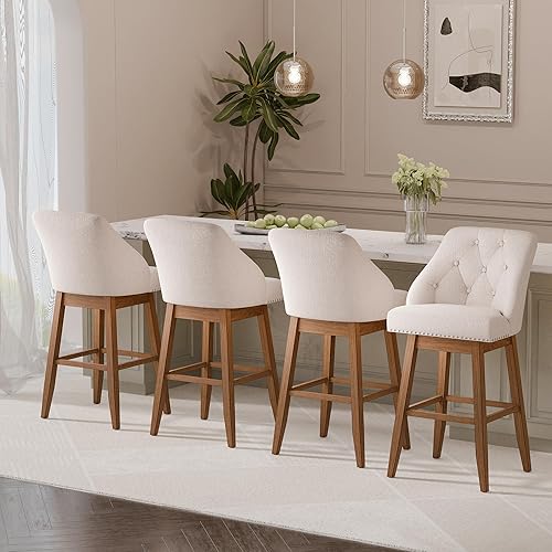 Miniatura 3 de Taburetes de bar giratorios modernos con respaldo copetudo, taburete de bar tapizado de 30 pulgadas de altura, patas de madera maciza, juego de 2