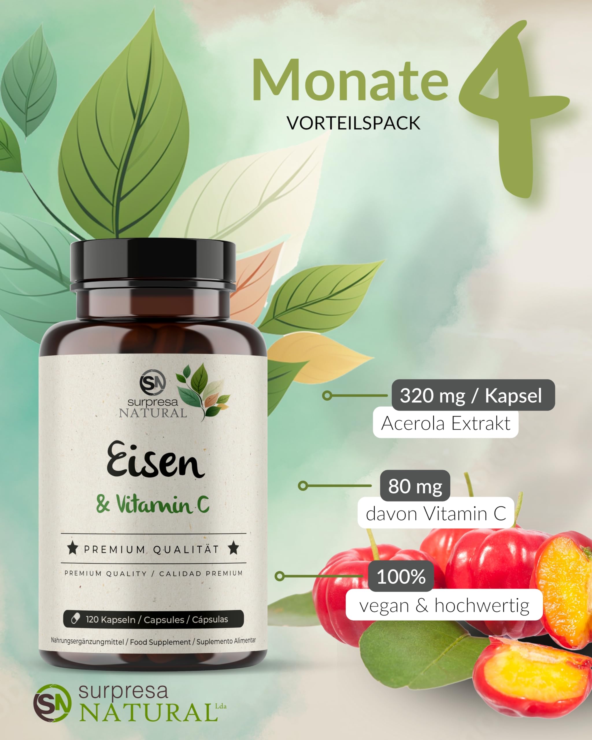 Eisen Vitamin C Kapseln I 5 x 120 Stück I Eisen-Supplement mit 14mg natürlichem Eisen & 80mg Vitamin C I Vorrat für 20 Monate I Eisen-Kapseln hochdosiert I 100% vegan & natürlich