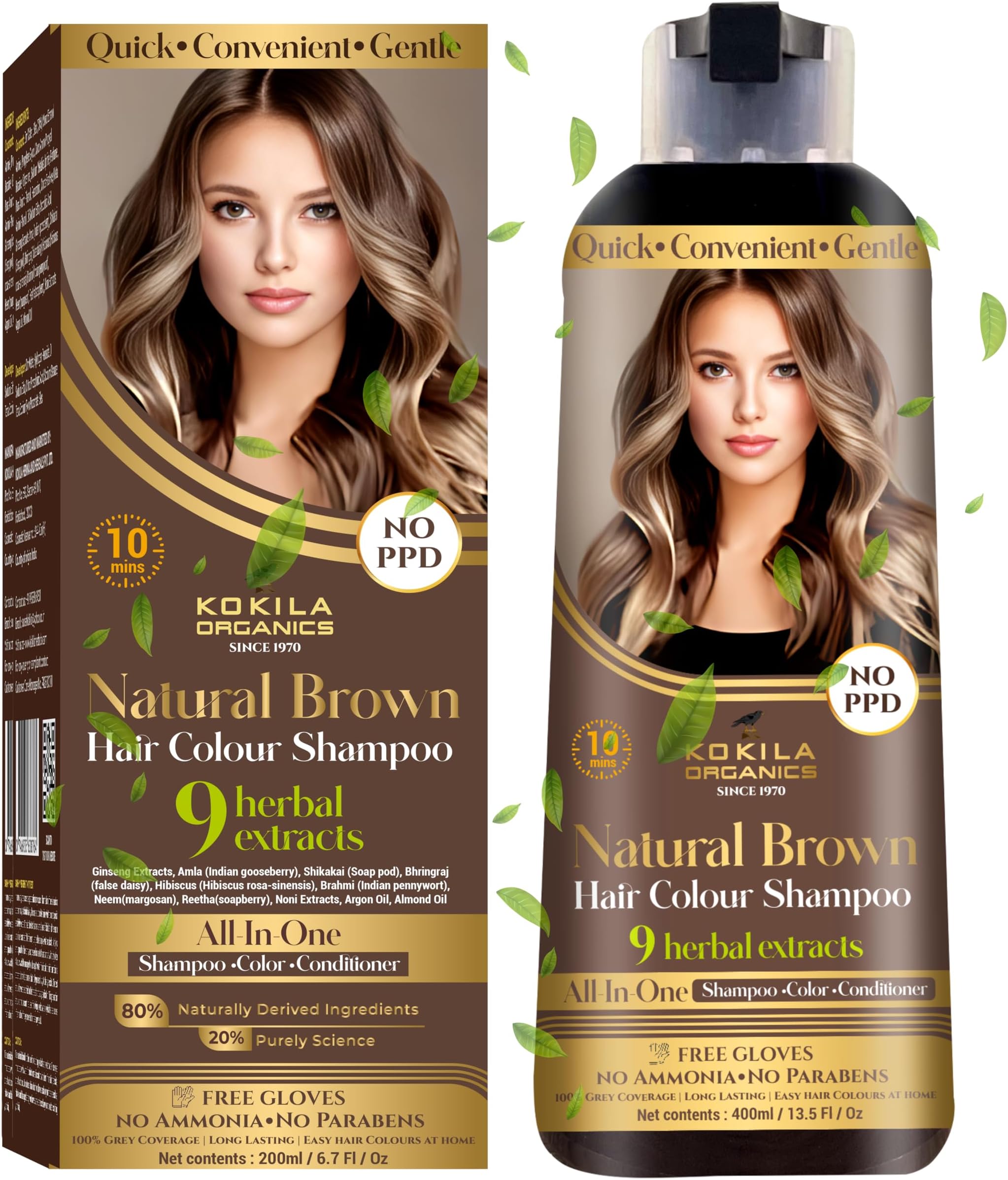 NO PPD Shampoo Natural Brown Hair Colour 400ml for Women and Men, Natural Extracts, Colours Hair in 10 Minutes | Ammonia Free, Paraben Free - 10 Pair Free Gloves
