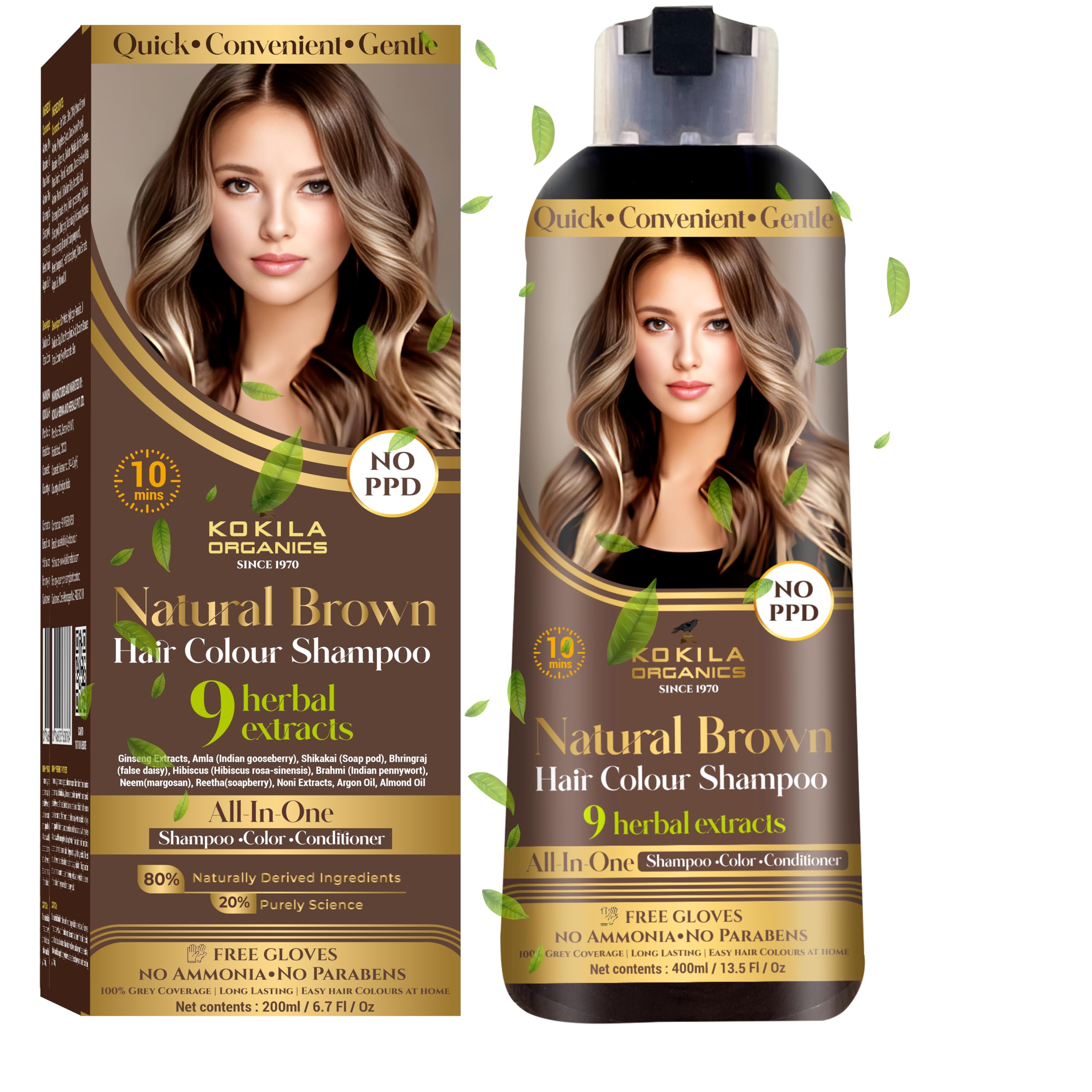 NO PPD Shampoo Natural Brown Hair Colour 400ml for Women and Men, Natural Extracts, Colours Hair in 10 Minutes | Ammonia Free, Paraben Free - 10 Pair Free Gloves
