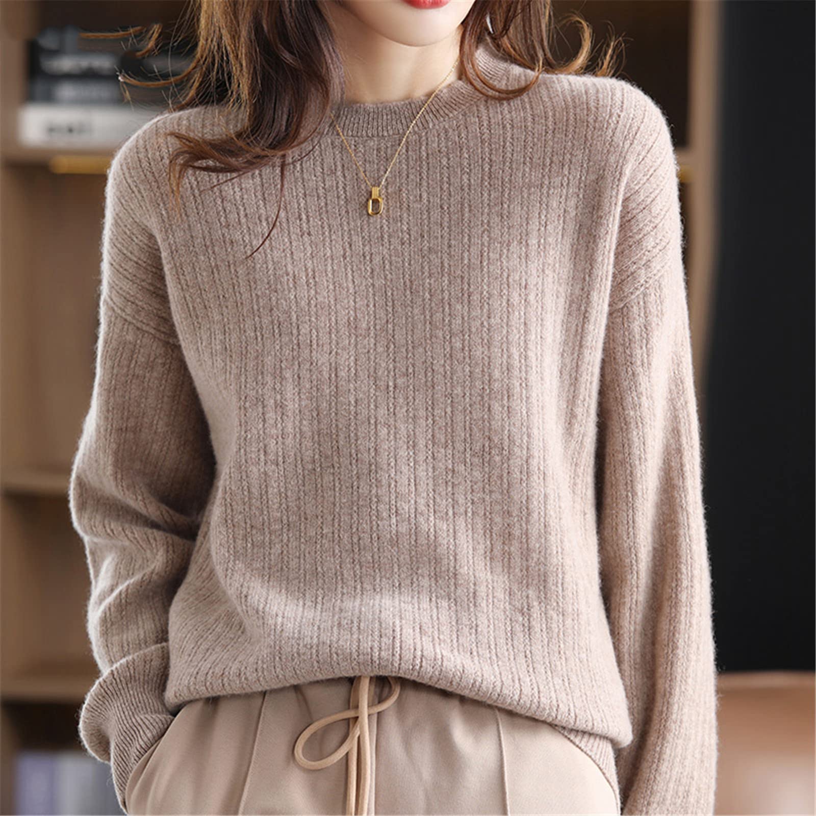 Kelsiop Suéter de cachemira 100% lana merino para mujer, cuello redondo, suéter de punto casual, chaqueta de otoño e invierno