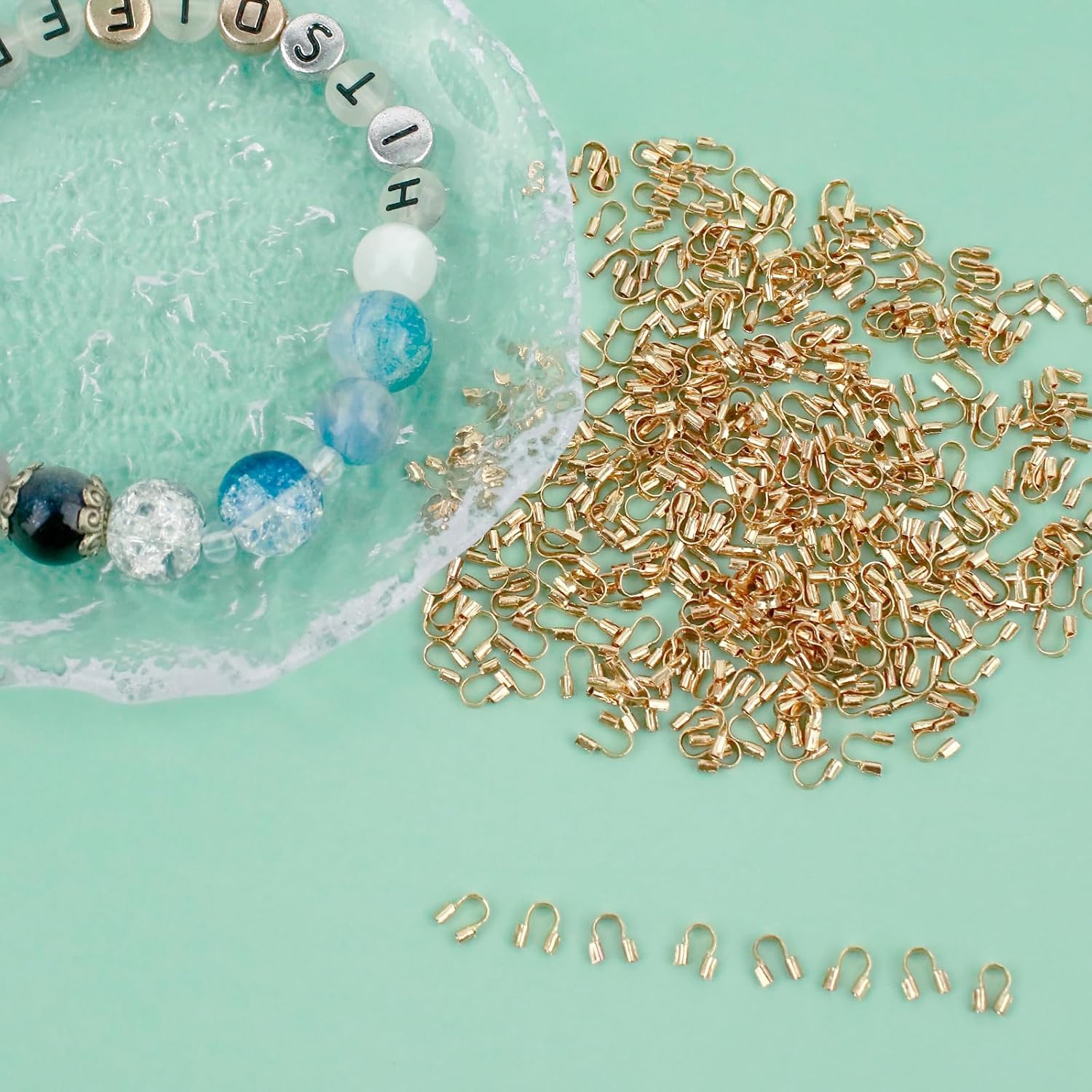 300Pcs Wire Guardian Protectors 0.7mm Hole U Shape Wire Guard Loops Thread Protector for Jewelry Making Findings Earring Necklaces Bracelet DIY Supplies (Gold)