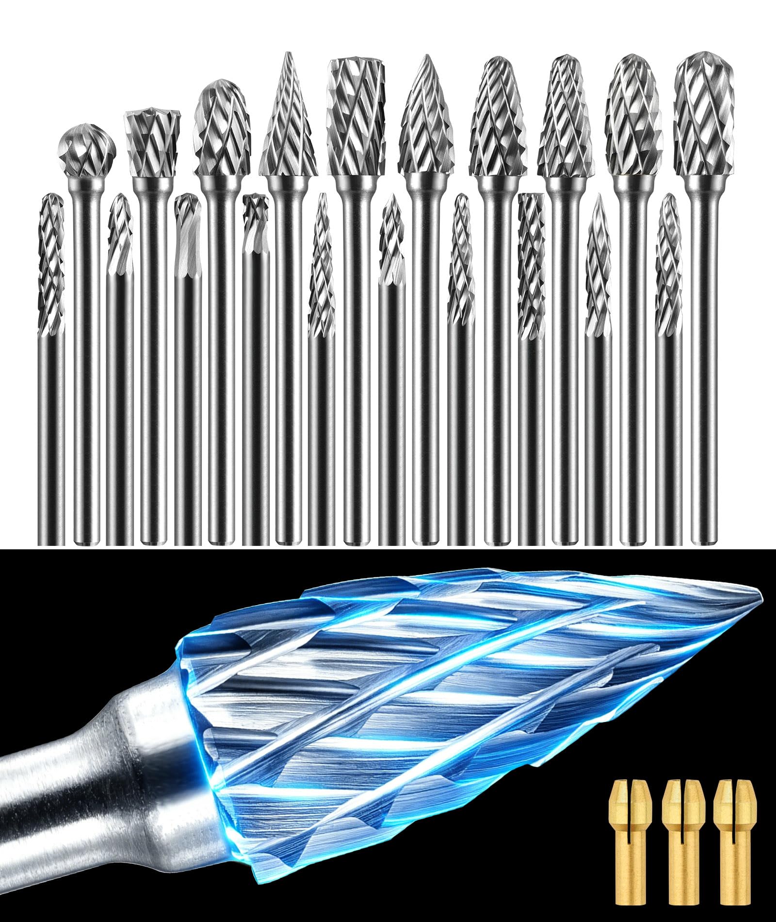 3Pcs Collets and 20Pcs 1/8" Shank Carbide Burr Compatible with Dremel Milwaukee Metal Grinding Wood Stone Steel Carving Cutting Polishing Engraving Grinder Kit Attachment Rotary Tool Accessories Set