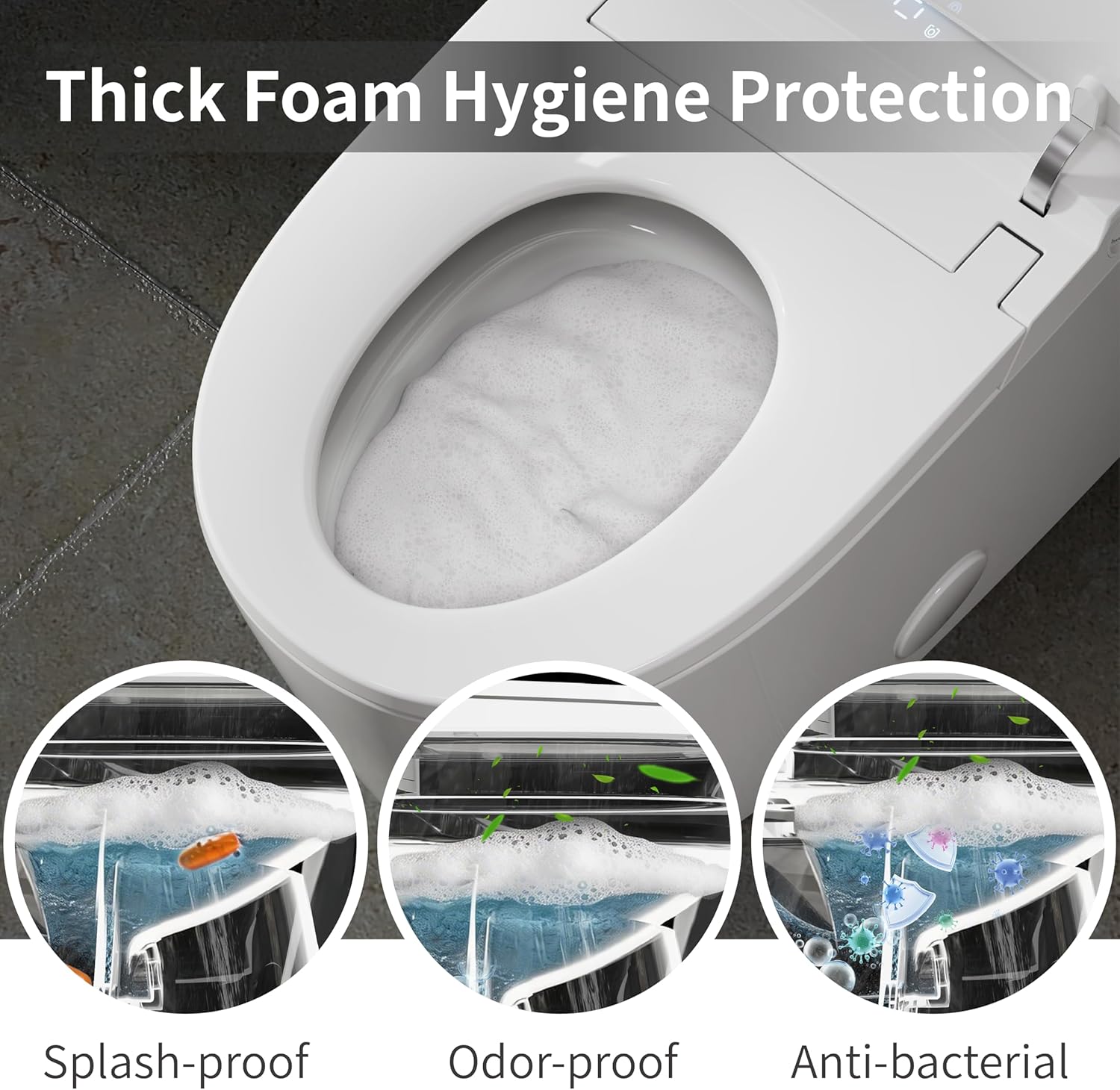 Luxury Smart Toilet, Bidet Toilet with Foam Dispenser, Auto Open/Close, MAP 1000g Powerful Auto-Flush, Warm Water/Dryer, ADA Chair Height Elongated Heated Seat, Deodorization