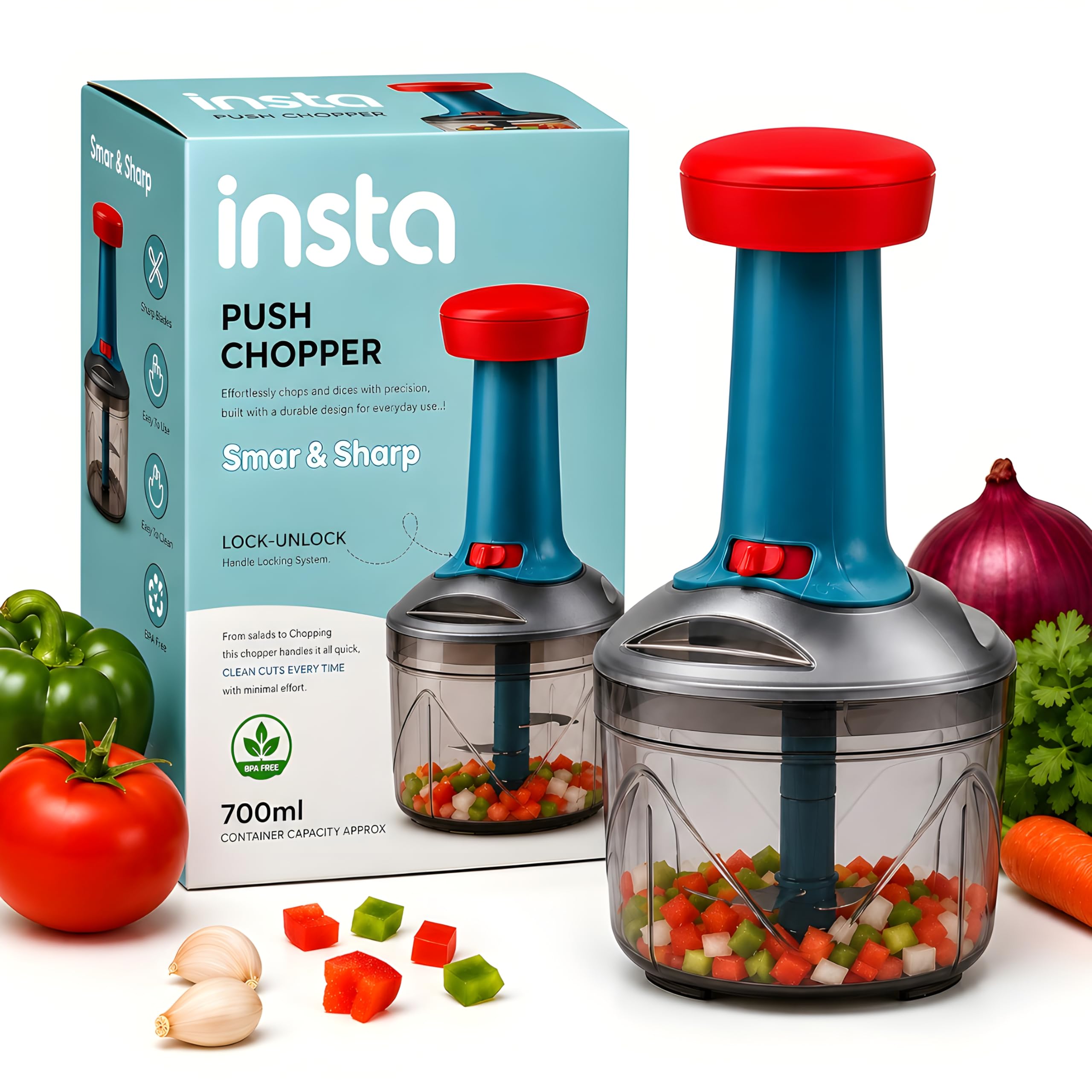 DomiBox Manual Push Food Chopper 650ML, Turquoise Blue Vegetable Processor with Clear Container, Multi-Purpose Kitchen Tool for Chopping Vegetables, Meat, Herbs and Nuts-picture-12