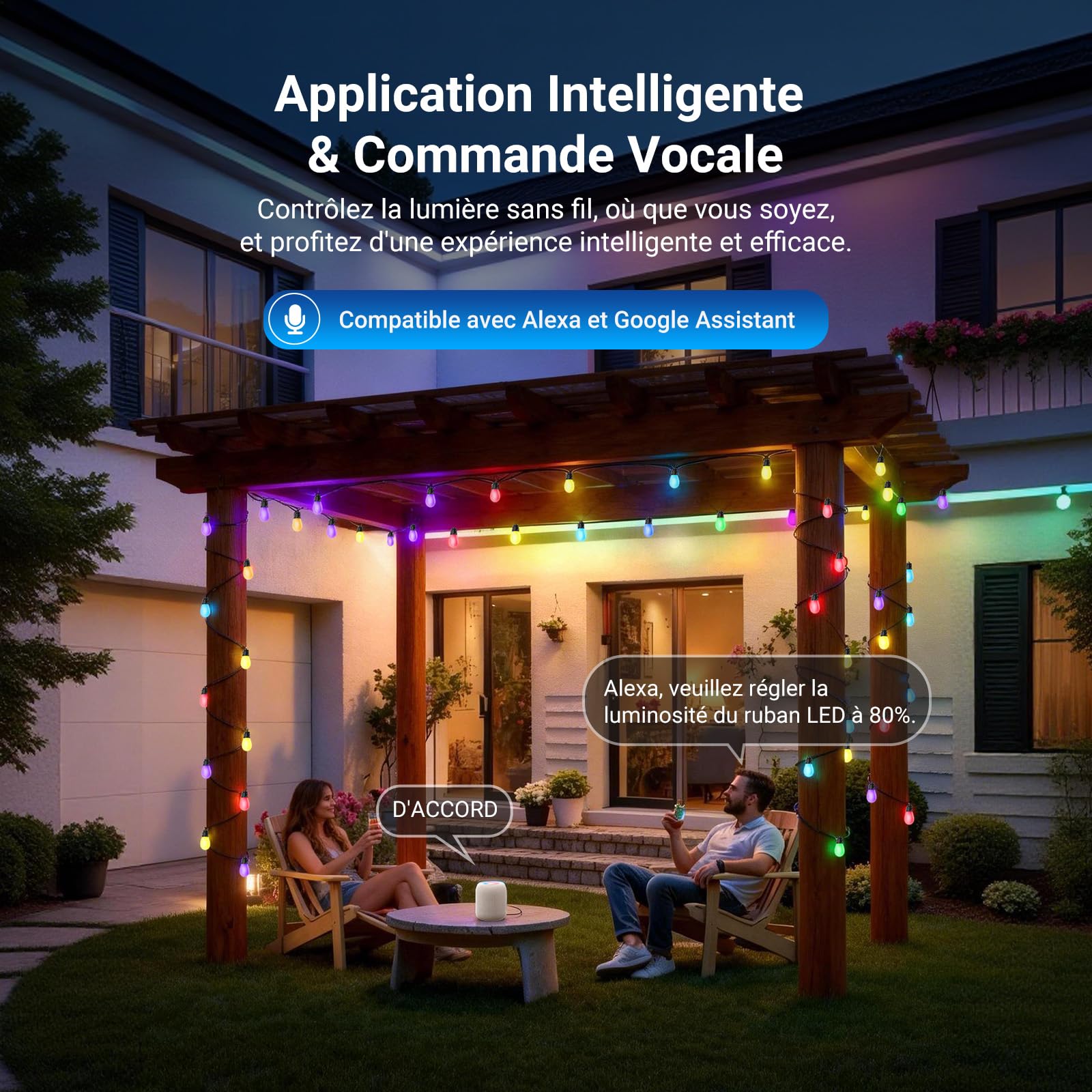 NEEWER NR01 Guirlande Extérieure 96ft,Smart AI RGBW avec App | Intensité Variable,IP65 Étanche,30 Ampoules LED,50+ Ambiances,2700K-6500K,Compatible avec Alexa Google