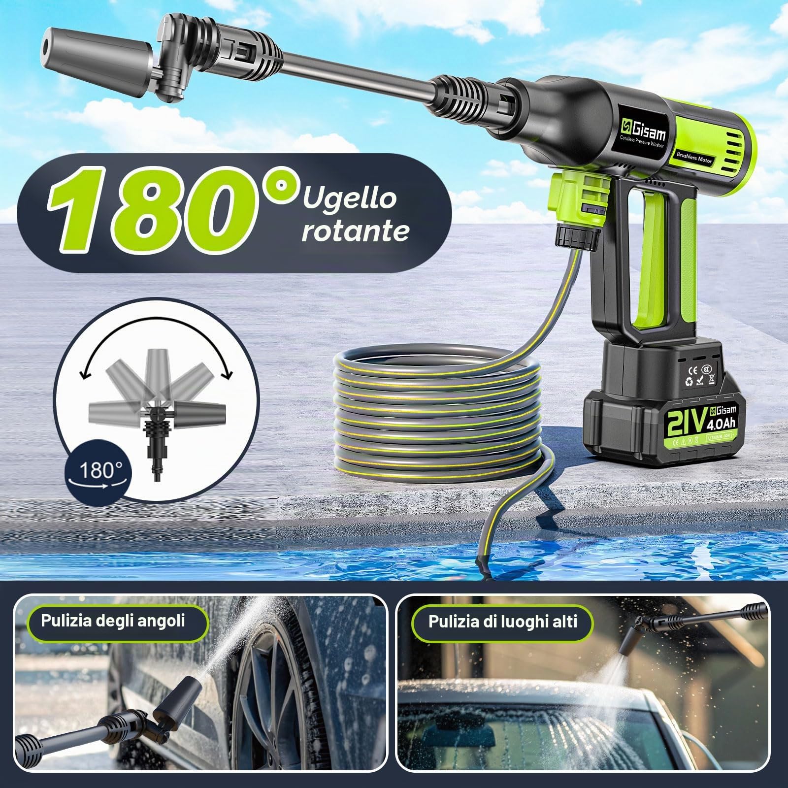 Idropulitrice a batteria, ad alta pressione, 4 marce, 120 bar, portatile 2 x 4,0 Ah, ugello girevole 6 in 1 e 180°, spruzzatore schiuma, tubo 5 m, irrigazione