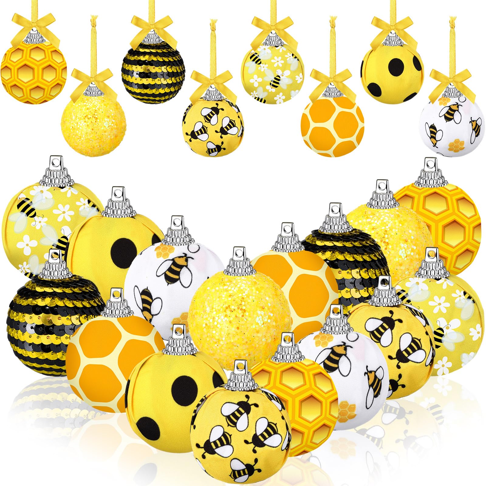 Zeyune 16 Pcs Christmas Tree Hanging Ornaments Bee Themed Ball Ornaments for Tree Mini Honeycomb Hanging Decoration Bee Decor Balls for Christmas Holiday Party Favors