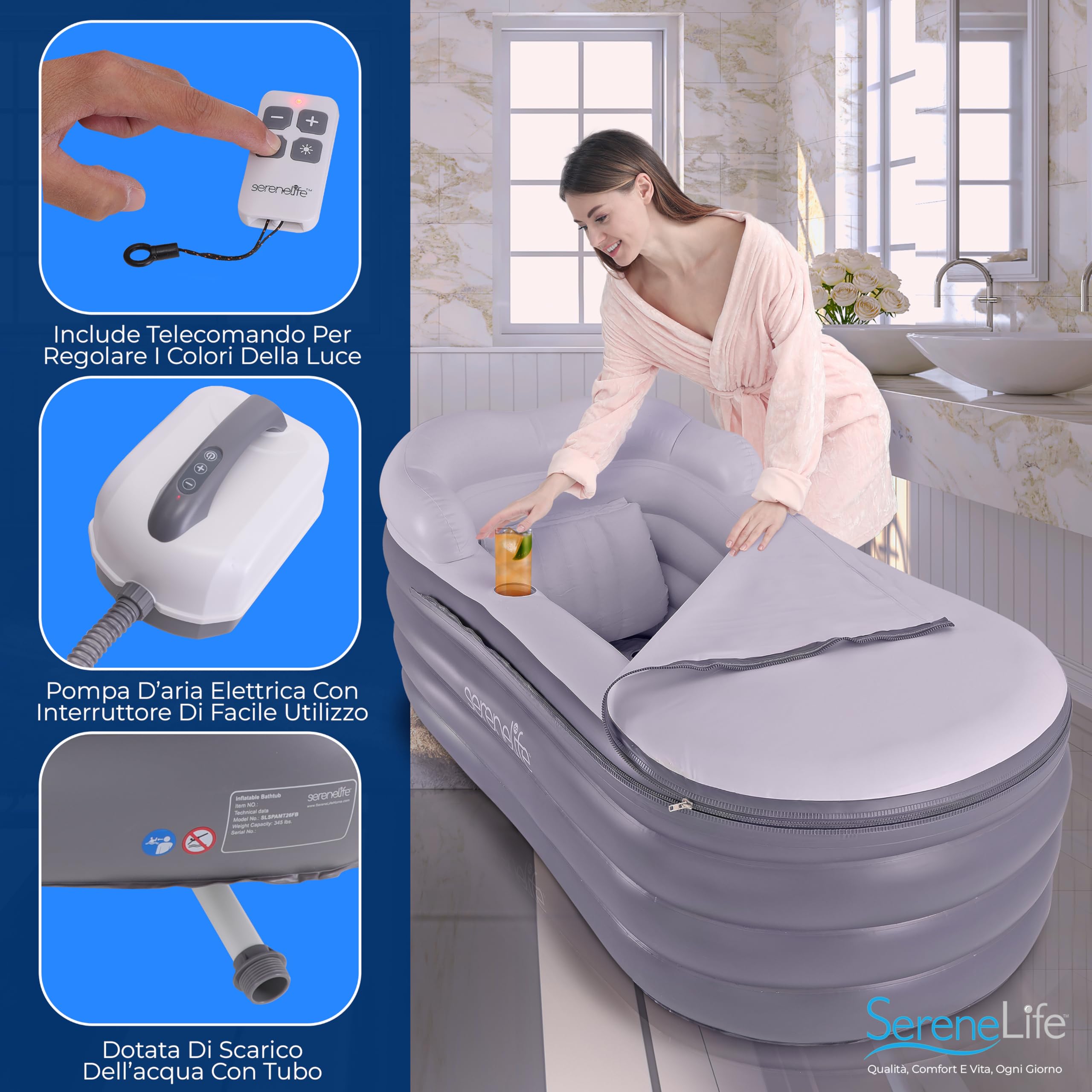 SereneLife Vasca da Bagno Gonfiabile con Materassino Idromassaggio, Idromassaggio da Esterno/Interno, Cuscino e Braccioli, Portabicchieri, Telecomando Luci LED, Spa Portatile per Relax fino a 86 kg