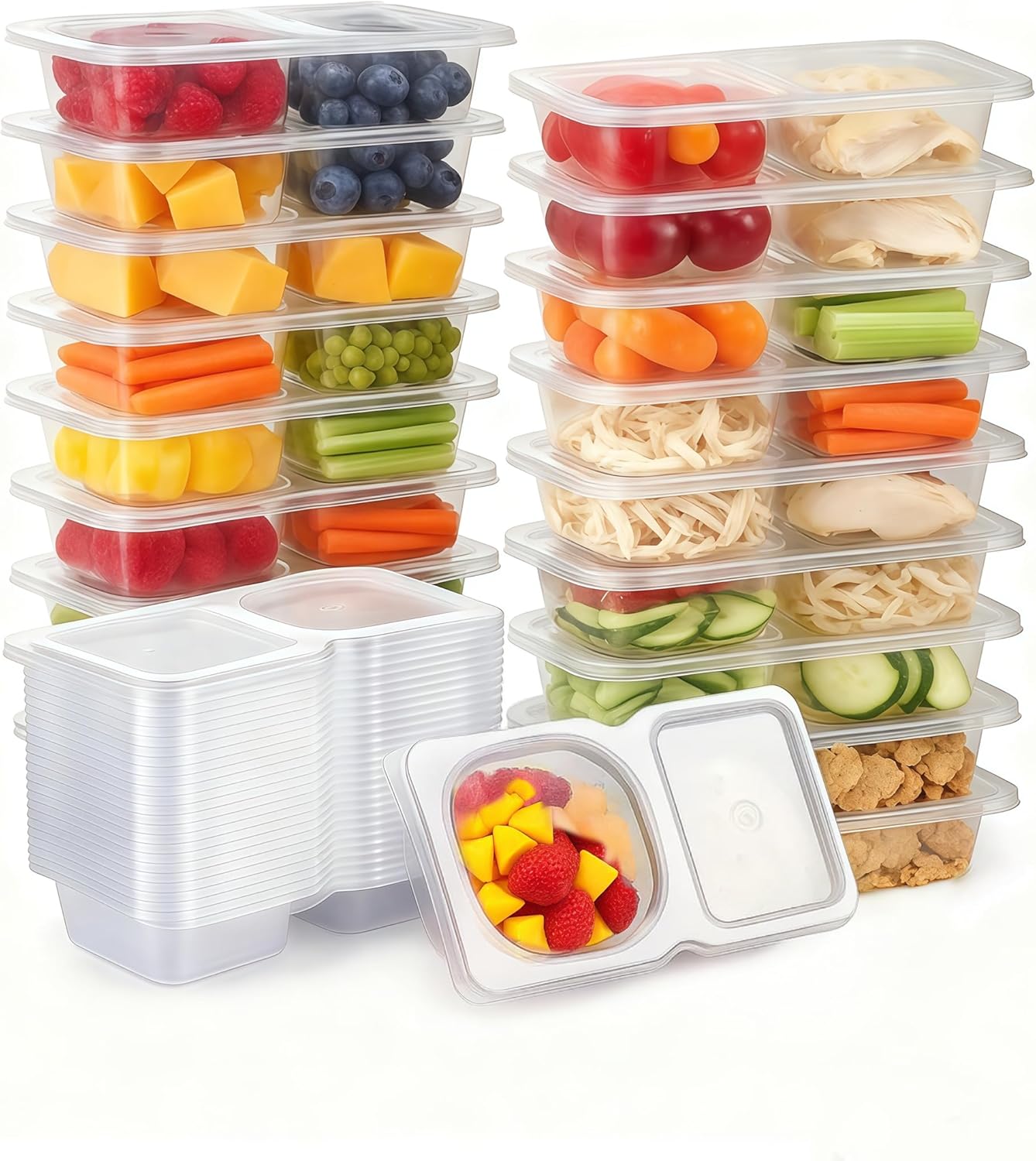 20-Pack Reusable Double Compartment Snack Containers with Lids - BPA-Free PP Meal Prep Bento Boxes for Kids Lunch, Fruit & Dips, Microwave/Dishwasher Safe