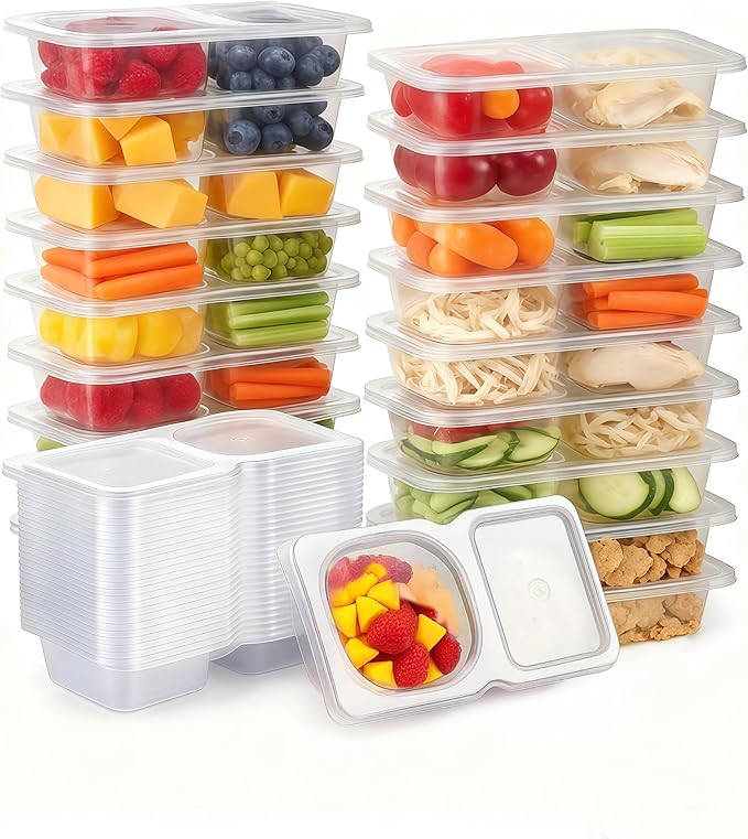 Pure Future Lot de 20 contenants réutilisables à double compartiment avec couvercles - PP sans BPA, Boîtes Bento pour le déjeuner, fruits et dips, compatibles micro-ondes et lave-vaisselle