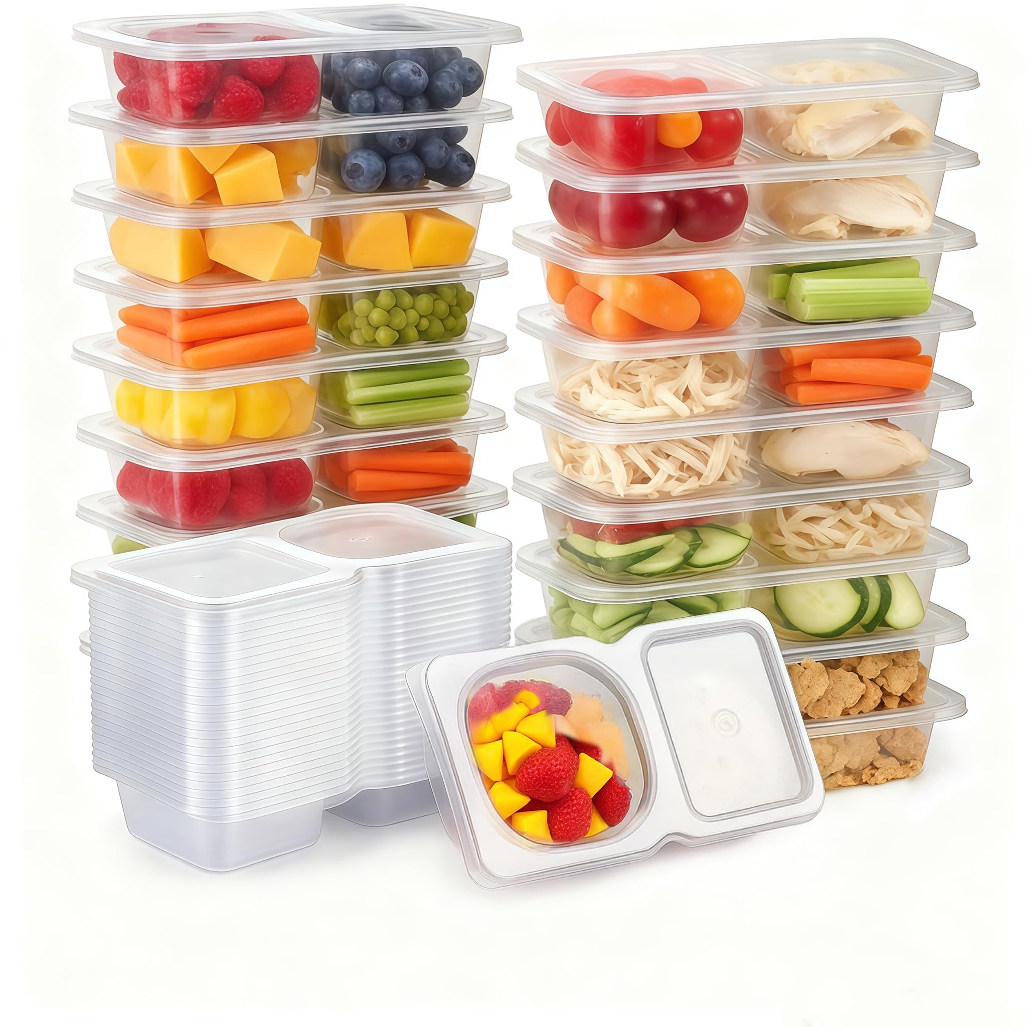 Pure Future 20-Pack Reusable Double Compartment Snack Containers with Lids - BPA-Free PP Meal Prep Bento Boxes for Kids Lunch, Fruit & Dips, Microwave/Dishwasher Safe