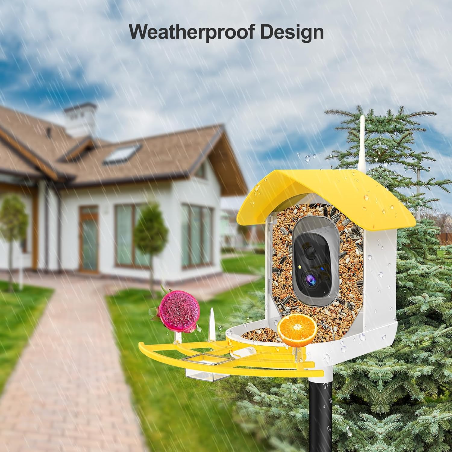 Weatherproof design of the bird feeder, shown mounted on a pole in a garden setting with rain falling, demonstrating its durability.