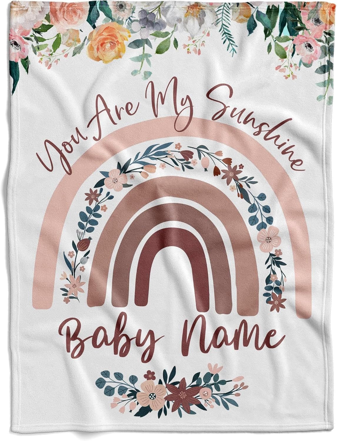 Personalized Rainbow Baby Blanket You are My Sunshine, Custom Name Soft Fleece Throw, Floral Nursery Bedding, Newborn Gift, Pastel Floral & Rainbow Customizable Baby Blanket, Unique Shower Gift