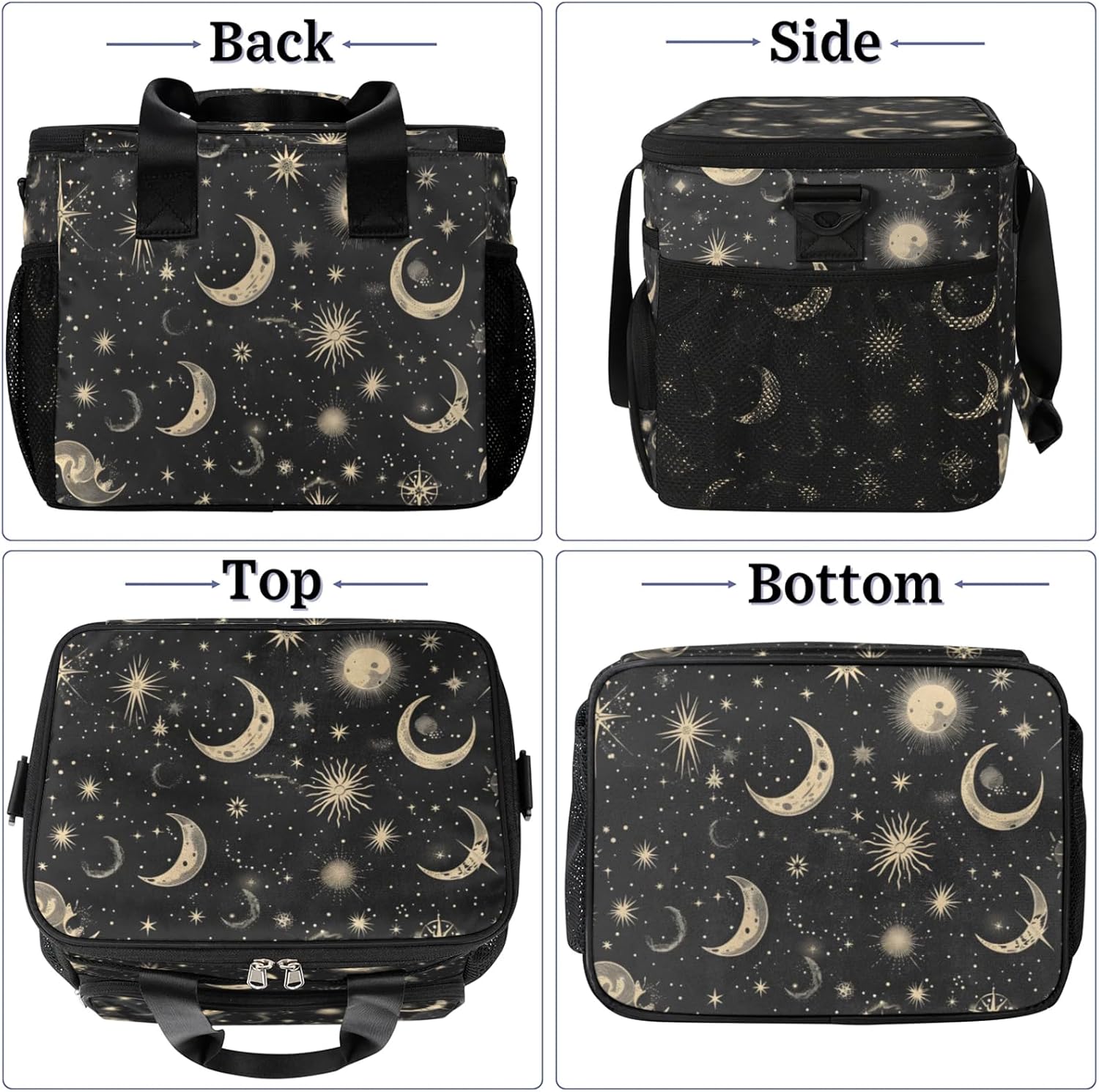 Large Lunch Bag Women Insulated, Portable Cooler Bags Insulated for Travel, Men Lunch Box with Compartments, Lunch Tote Bag with Shoulder Strap for Work, Picnic (Moon & Stars Black)