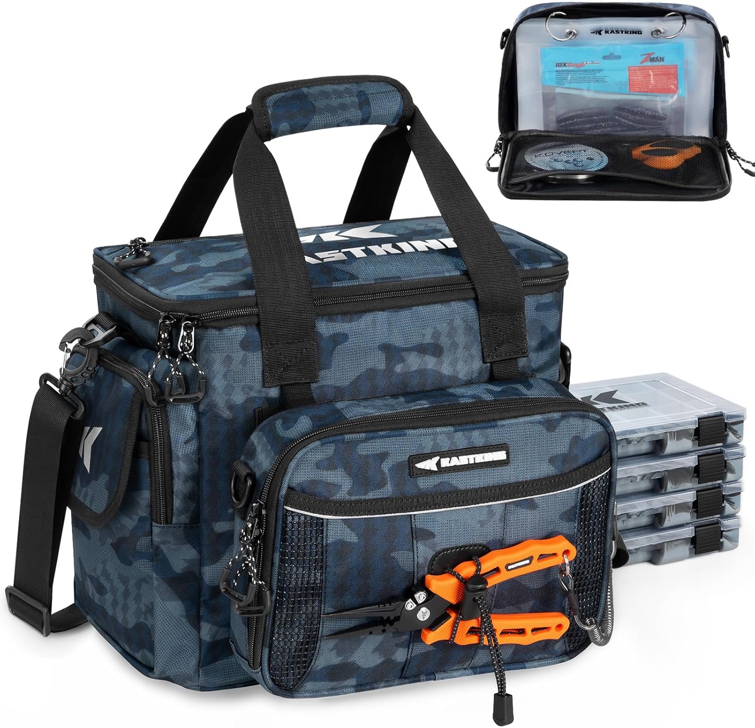 KastKing BaitSpace Fishing Tackle Bag With 4 Tackle Boxes & Removable Bait Binder, Water-Resistant Tackle Storage, Durable Fishing Gear, Adjustable Shoulder Strap