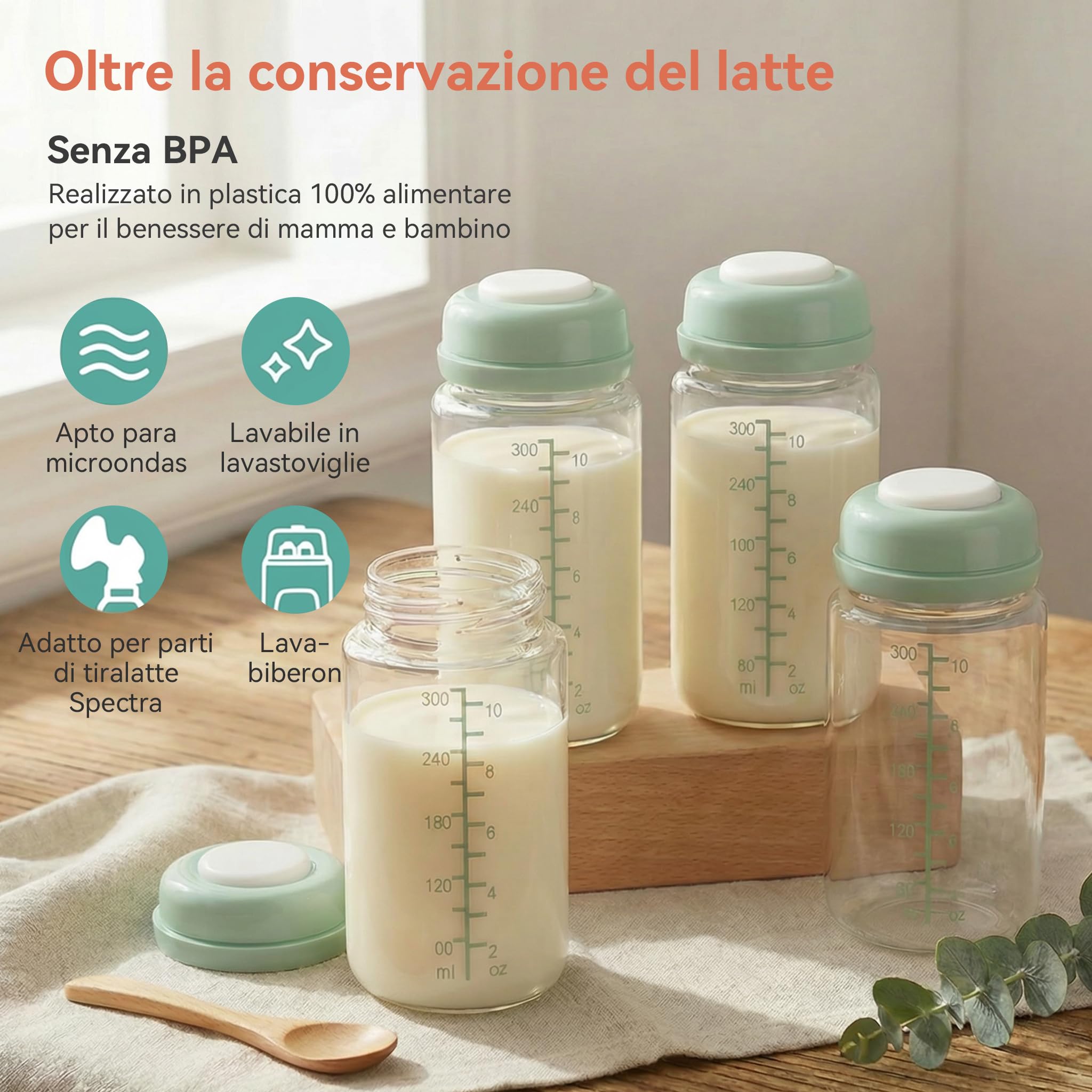 4PCS Biberon per Conservazione Latte Materno 300ml Confezione da Raffreddatore Momcozy 650ml– Anti-Perdita Collo Largo Compatibili con Spectra S1 S2 9Plus SG Motif Luna (Verde)