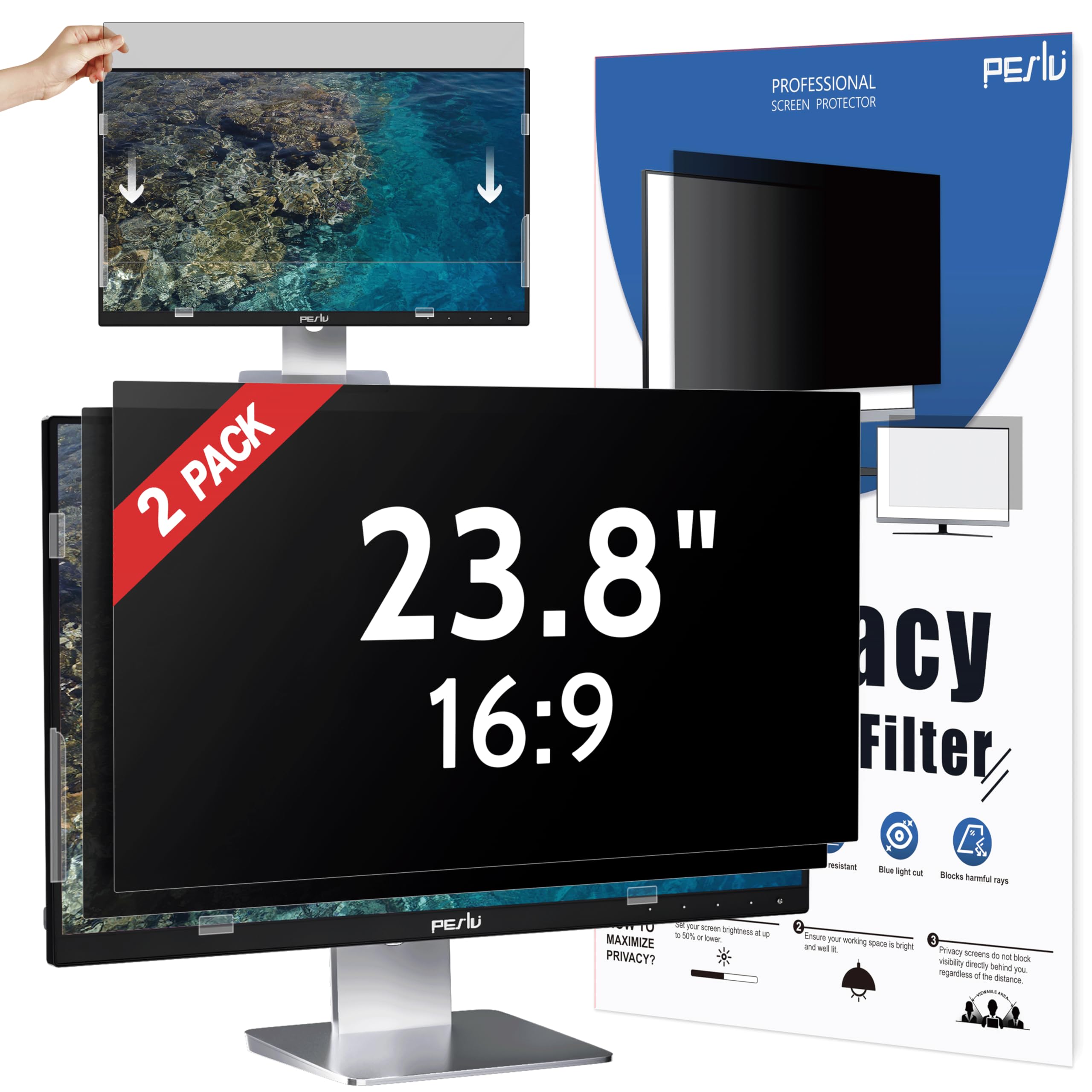 [2-Pack] 23.8 Inch Privacy Screen for Computer Monitor 16:9 Aspect Ratio, Eye Protection Anti Blue Light Glare Shield, 23.8inch Removable Black Blackout Anti Spy Desktop Security Private Filter
