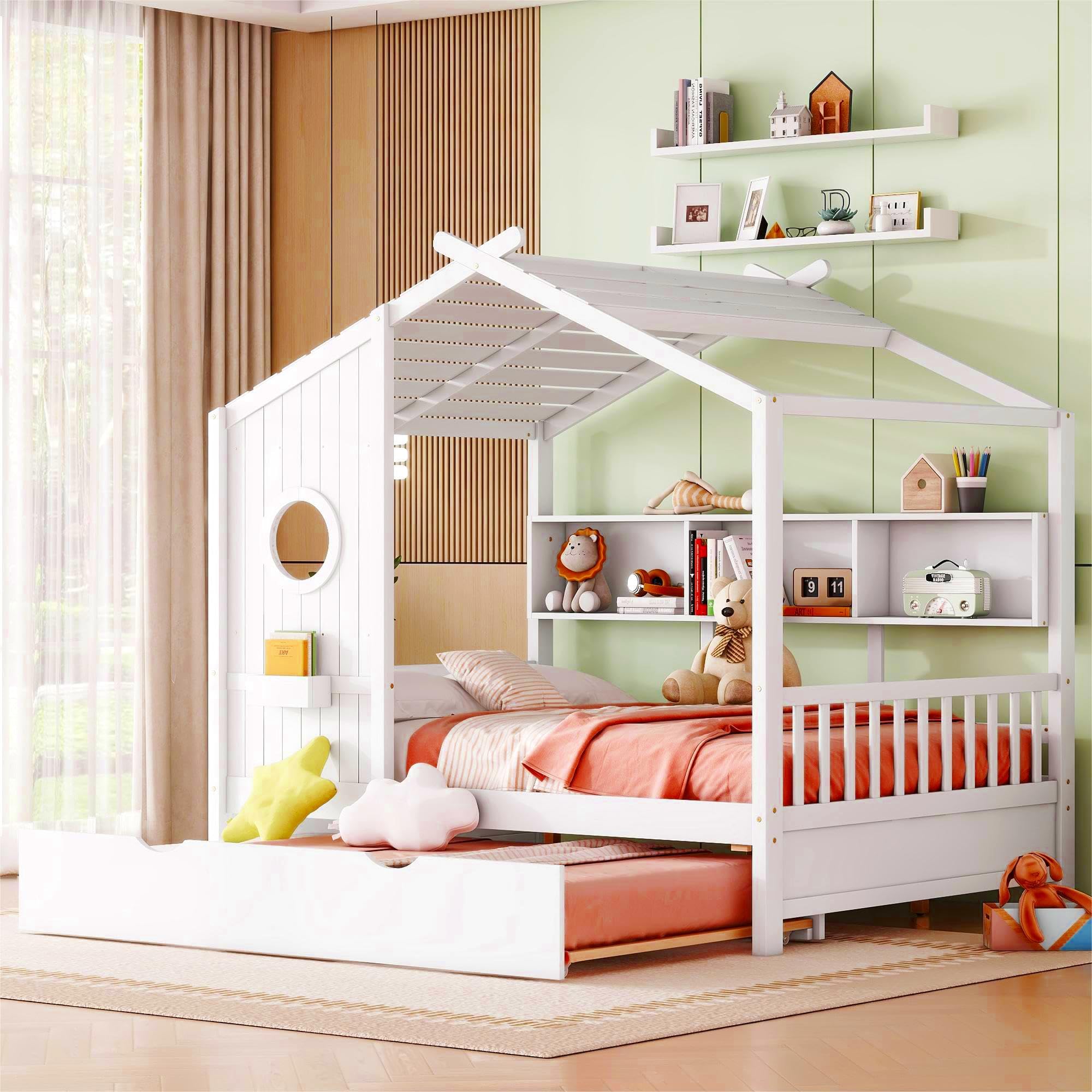 Full Size House Bed with Roof and Window for Kids, Wooden Playhouse Bed with Storage Shelves and Trundle for Bedroom Furniture Girls &amp; Boys (White/T2)