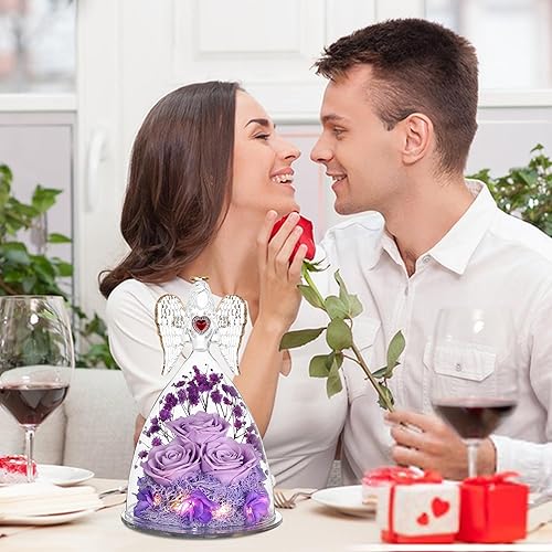 Miniatura 5 de Regalos de rosas para el Día de la Madre para mujer, figuras de ángel grandes con rosas reales, rosa real preservada para ella, color morado claro