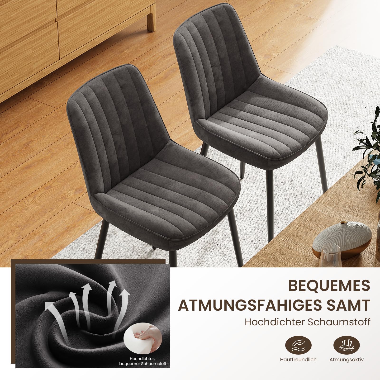 COLAMY Samt Esszimmerstühle 4er Set – Gepolsterte Stühle für Esszimmer & Küche mit Metallbeinen, Dickem Sitzpolster & Rutschfesten Füßen, Grau
