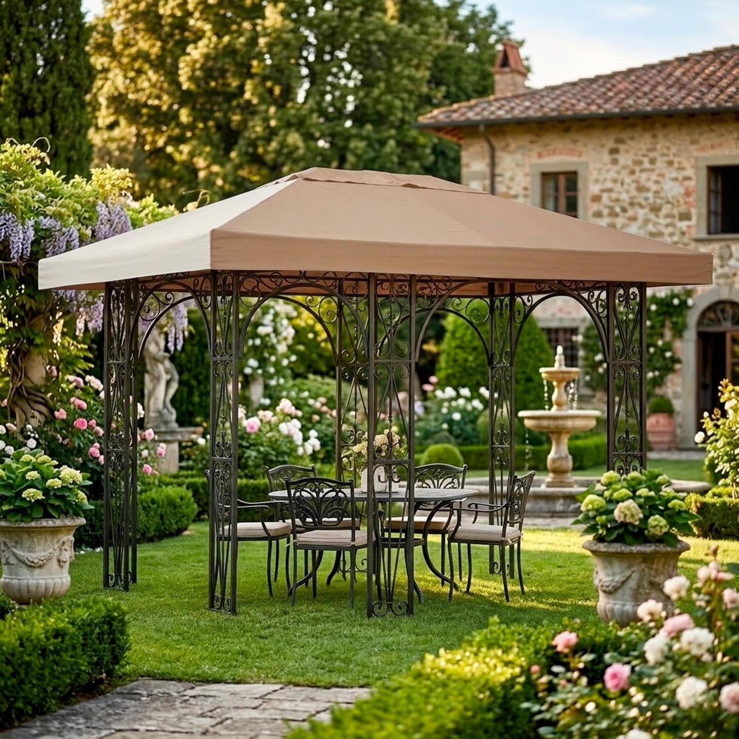 Telo Di Ricambio Per Gazebo 3x4 Metri Impermeabile In Poliestere PVC Con Protezione UV E Per Giardino Terrazza Veranda E Outdoor 300 x 400 Cm Beige