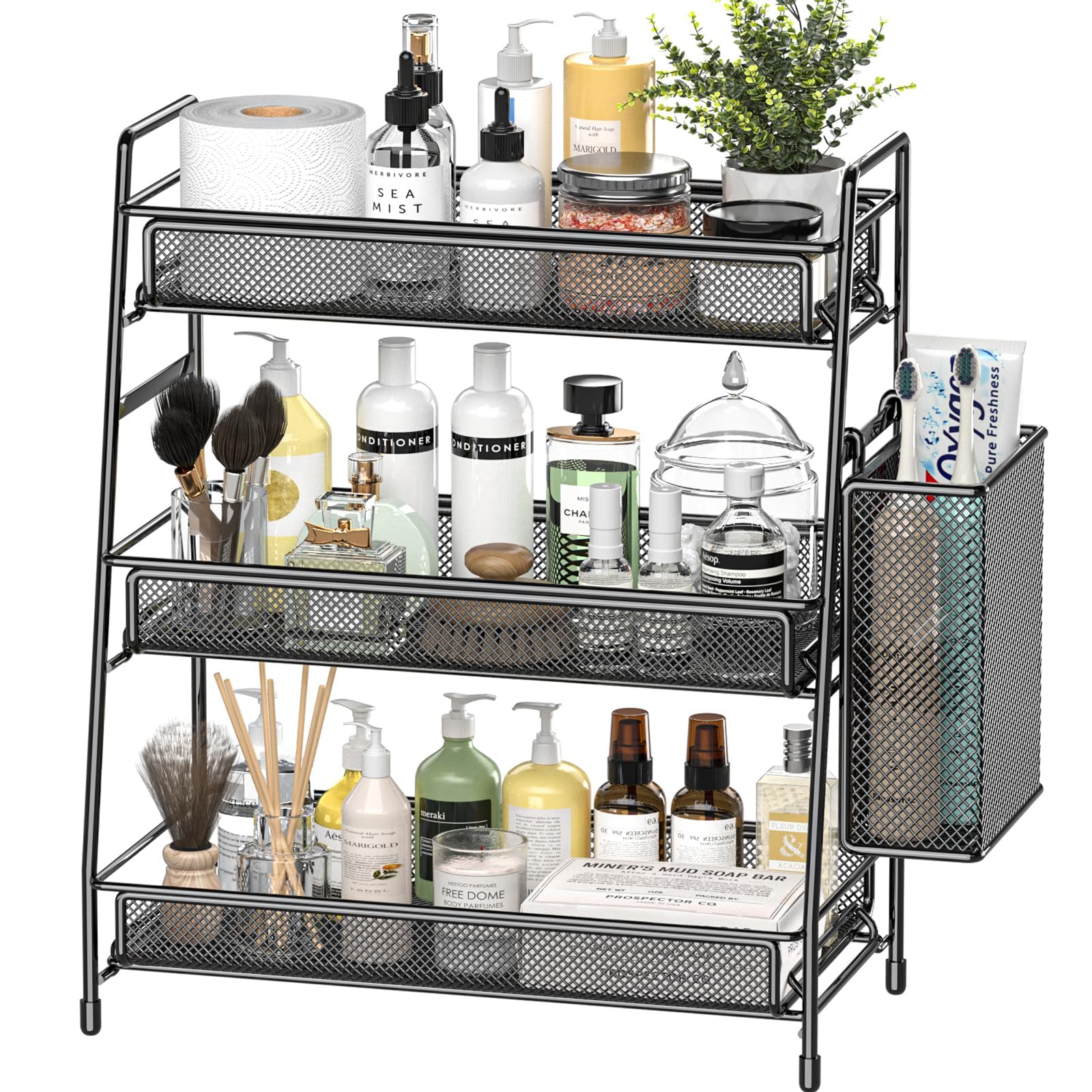EKNITEY Bathroom Countertop Organiser Shelf - 3 Tier Counter Spice Rack Metal Makeup Rack Small Coffee Station Organizer for Sink/Bedroom/Living room/Kitchen/Office Balck