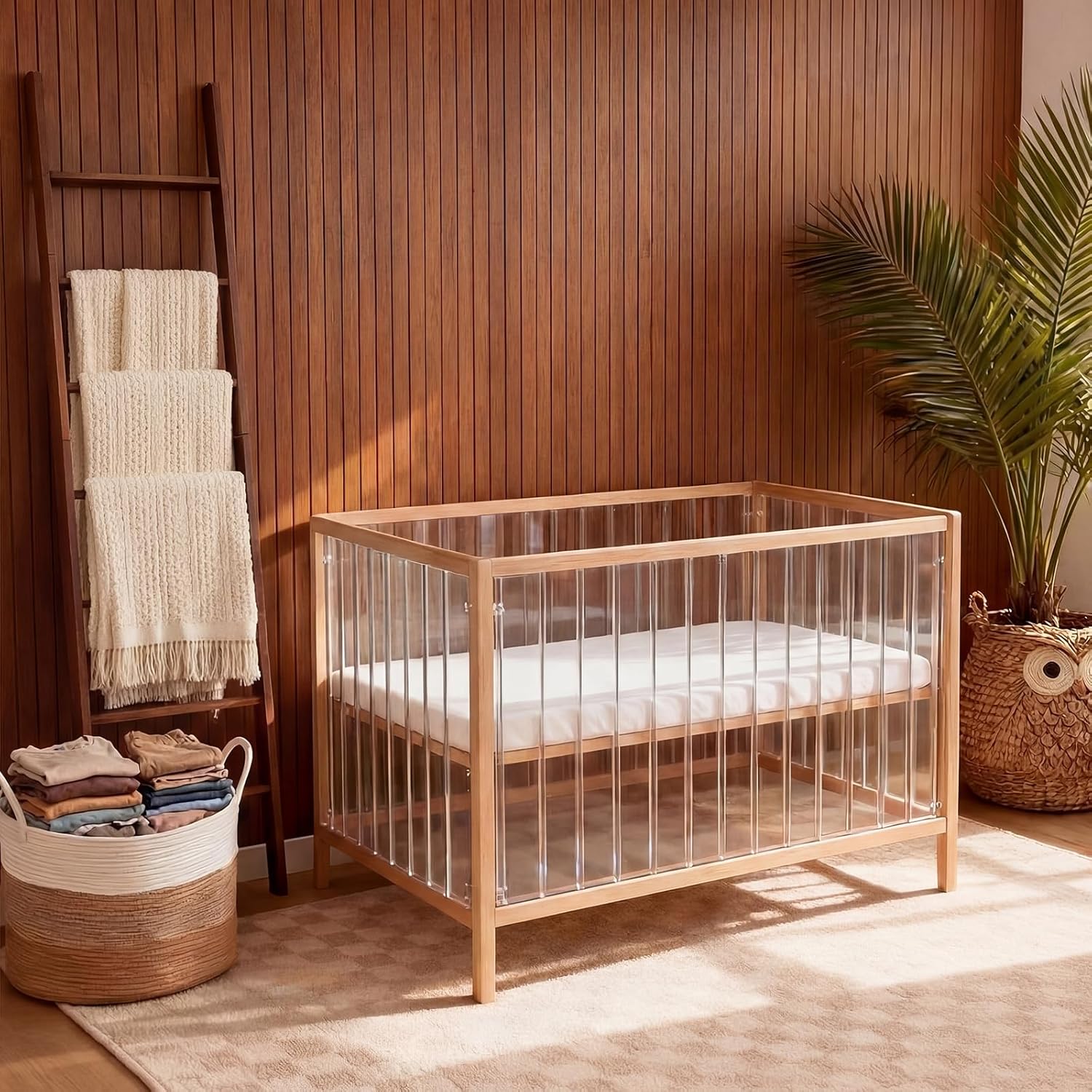 Novabright 3 Pcs Farmhouse Living Room Decoration Set with 5.6 Ft Wooden Blanket Ladder 20 x 13 Inches Large Woven Blanket Basket 58 Inches Wood Bead Garland with Tassels for Bedroom Home Decor