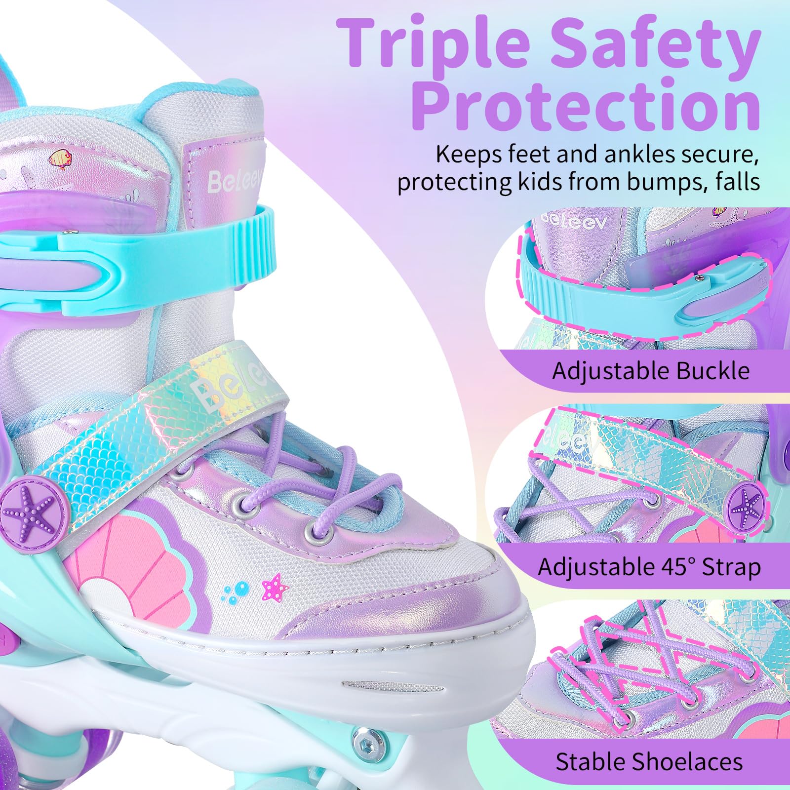 BELEEV Patins à roulettes 4 Taille Réglable, Skate Enfants avec 8 Roues LED Lumineuses et Lacets, Sûrs Amusants, Cadeau d'anniversaire et de Noël pour Adolescents Débutants Filles Garçons - Purple L